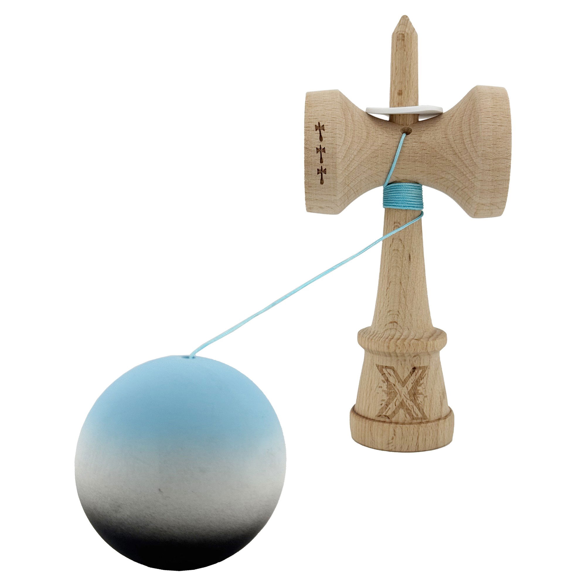 Kendama X Originala, Profesionala, Flippy, Cupe Mari KING SIZE V3, Rubber Grip, Gaura in Baza, Rulment Metalic, din lemn 18 cm, Ata 62/65 cm, Gradient Albastru deschis/Alb/Negru [4]