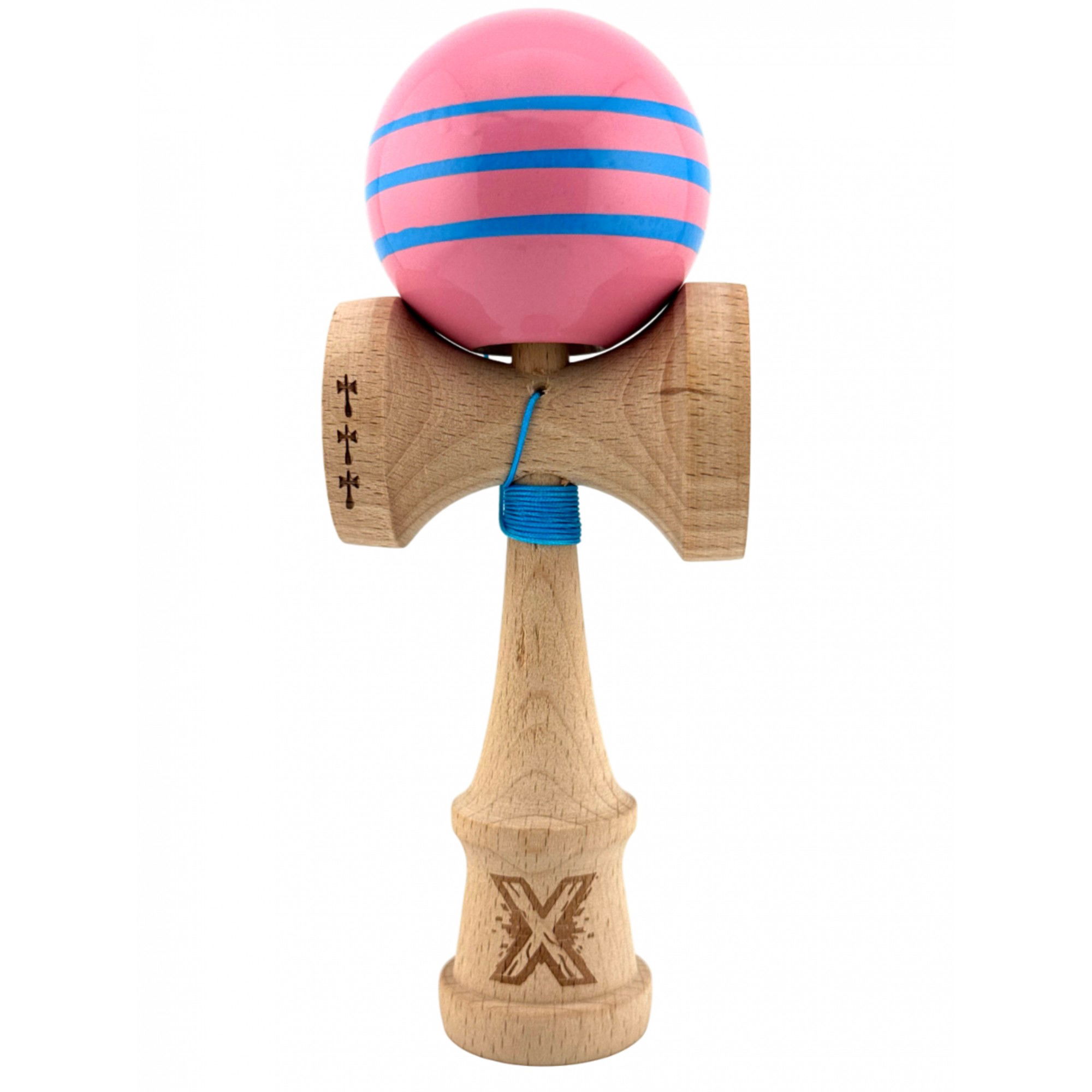 Kendama Super Sticky V2 Cupe Mari - Kendama X Originala, Profesionala, Flippy, Big Cups V2, Super Sticky Legendary Cupe Mari, Rulment Metalic cu Ata 55 cm, Roz/Linii Albastre deschise