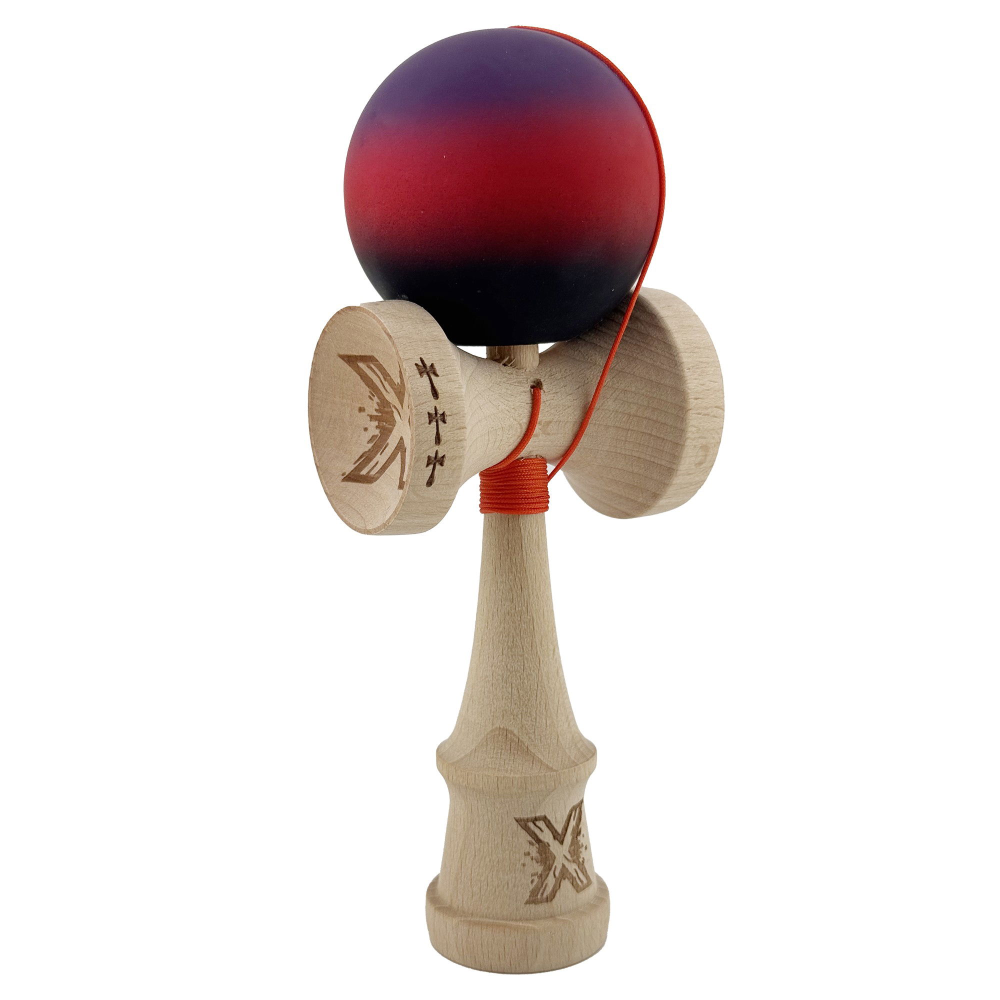 Kendama Rubber Grip V2 Cupe Mari - Kendama X Originala, Profesionala, Flippy, Big Cups V2, Rubber Grip cu Cupe Mari, Rulment Metalic cu Ata 55 cm, Mov/Rosu/Negru