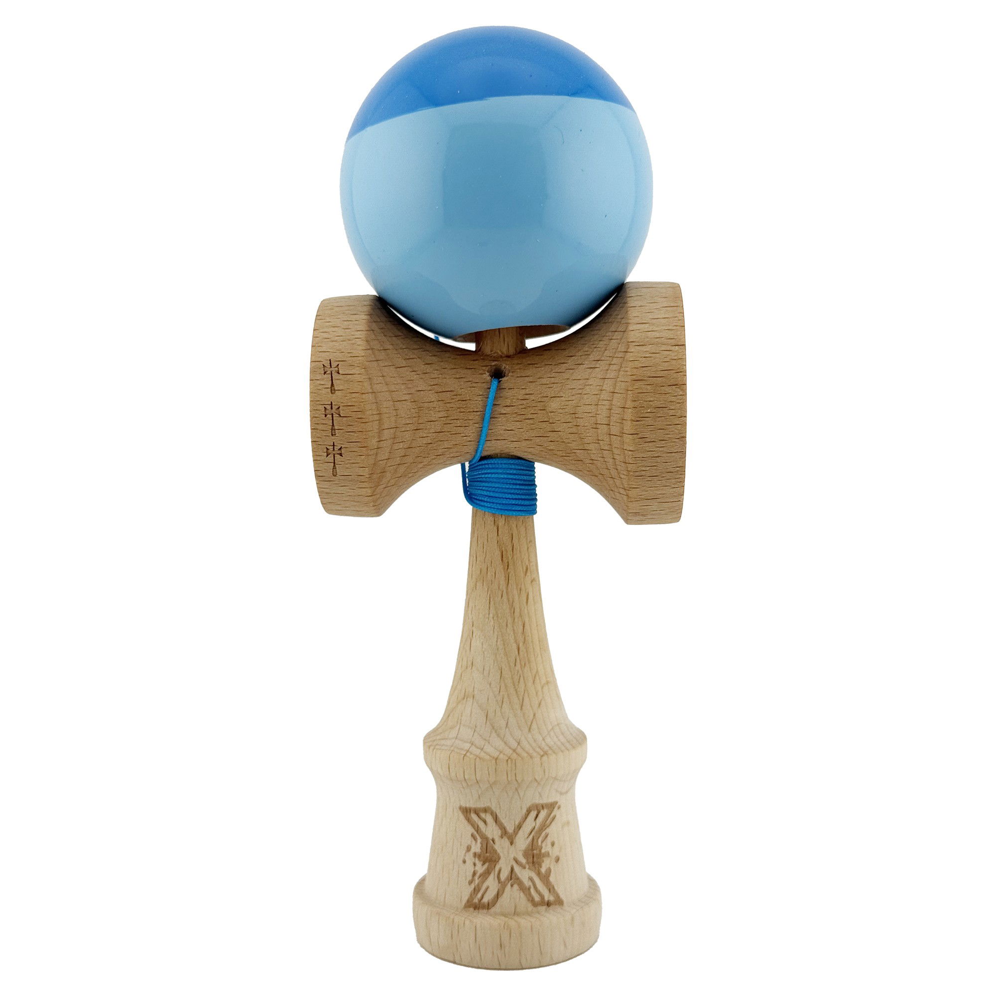 Kendama Super Sticky V2 Cupe Mari - Kendama X Originala, Profesionala, Flippy, Big Cups V2, Super Sticky cu Cupe Mari, Rulment Metalic, din lemn 18 cm, Ata 55 cm, Albastru/Bleu