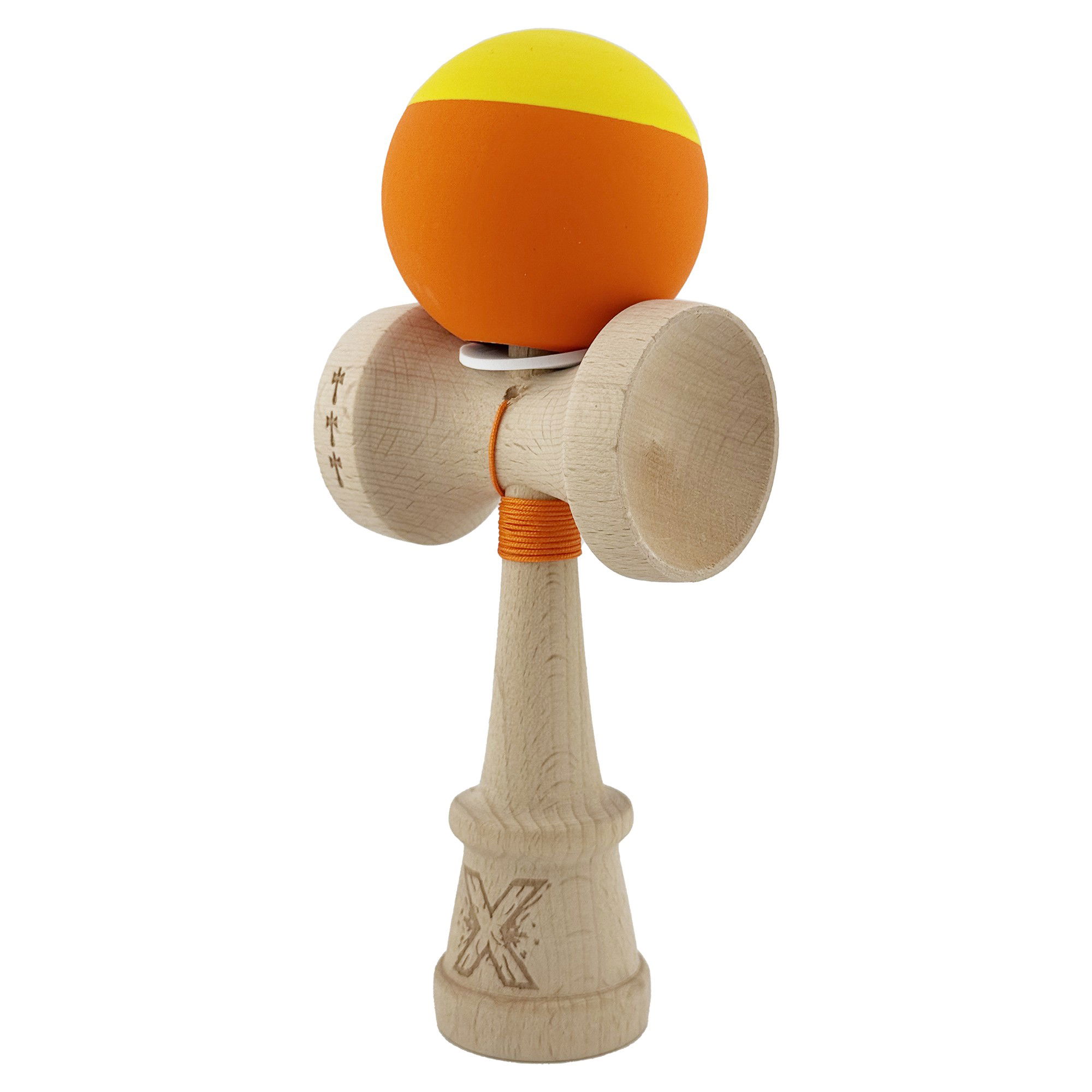 Kendama X Originala, Profesionala, Flippy, Rubber Grip, Cupe Mari KING SIZE V3, Gaura in Baza, Rulment Metalic, din lemn 18 cm, Ata 62/65 cm, Bicolor Galben/Portocaliu [3]