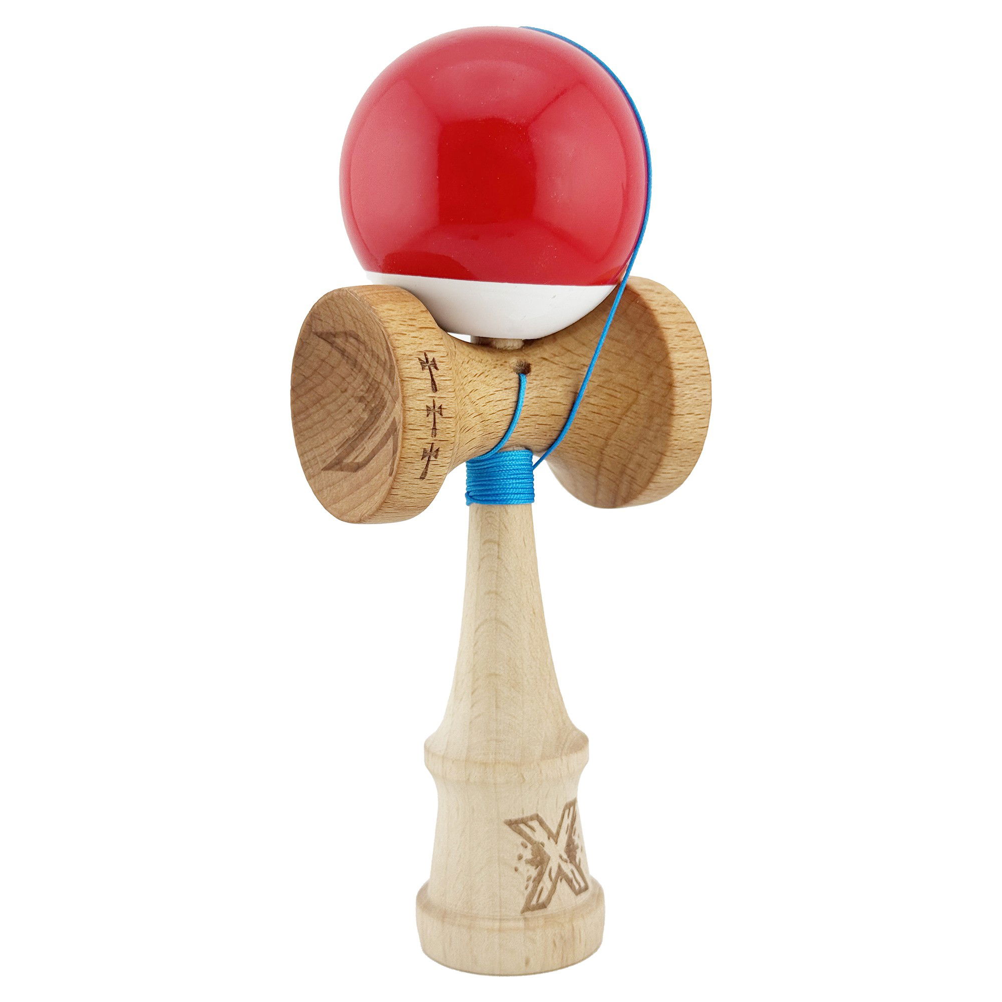 Kendama Super Sticky V2 Cupe Mari - Kendama X Originala, Profesionala, Flippy, Big Cups V2, Super Sticky cu Cupe Mari, din lemn 18 cm, Rulment Metalic cu Ata 55 cm, Rosu/Alb