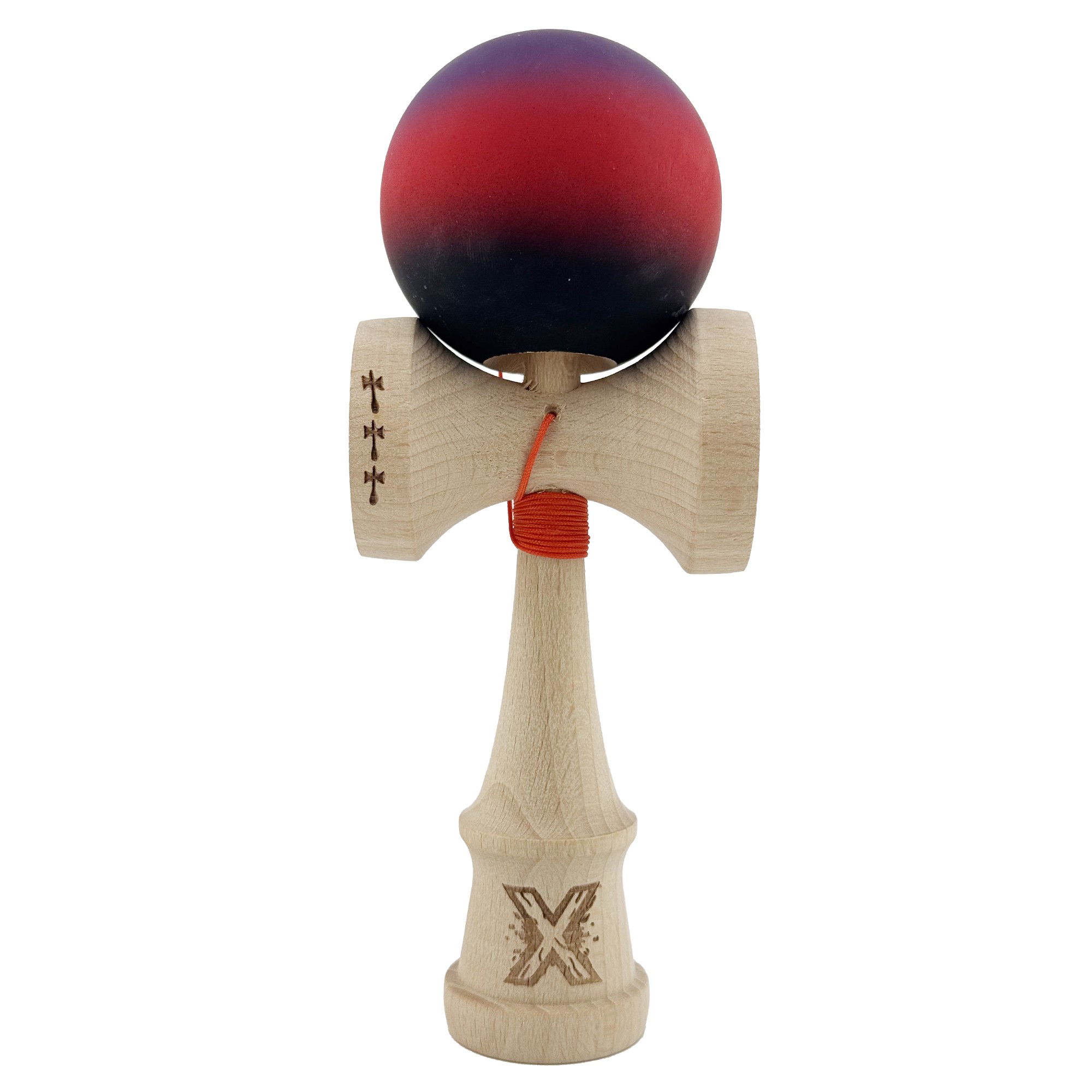 Kendama Rubber Grip V2 Cupe Mari - Kendama X Originala, Profesionala, Flippy, Big Cups V2, Rubber Grip cu Cupe Mari, Rulment Metalic cu Ata 55 cm, Mov/Rosu/Negru