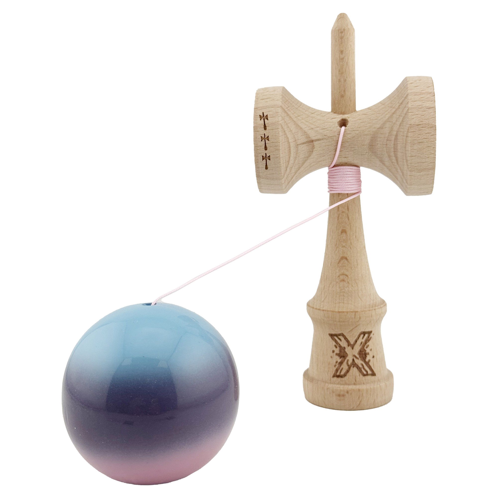 Kendama X Originala, Profesionala, Flippy, Big Cups V2, Super Sticky cu Cupe Mari, din lemn 18 cm, Rulment Metalic cu Ata 55 cm, Albastru/Mov/Roz [3]
