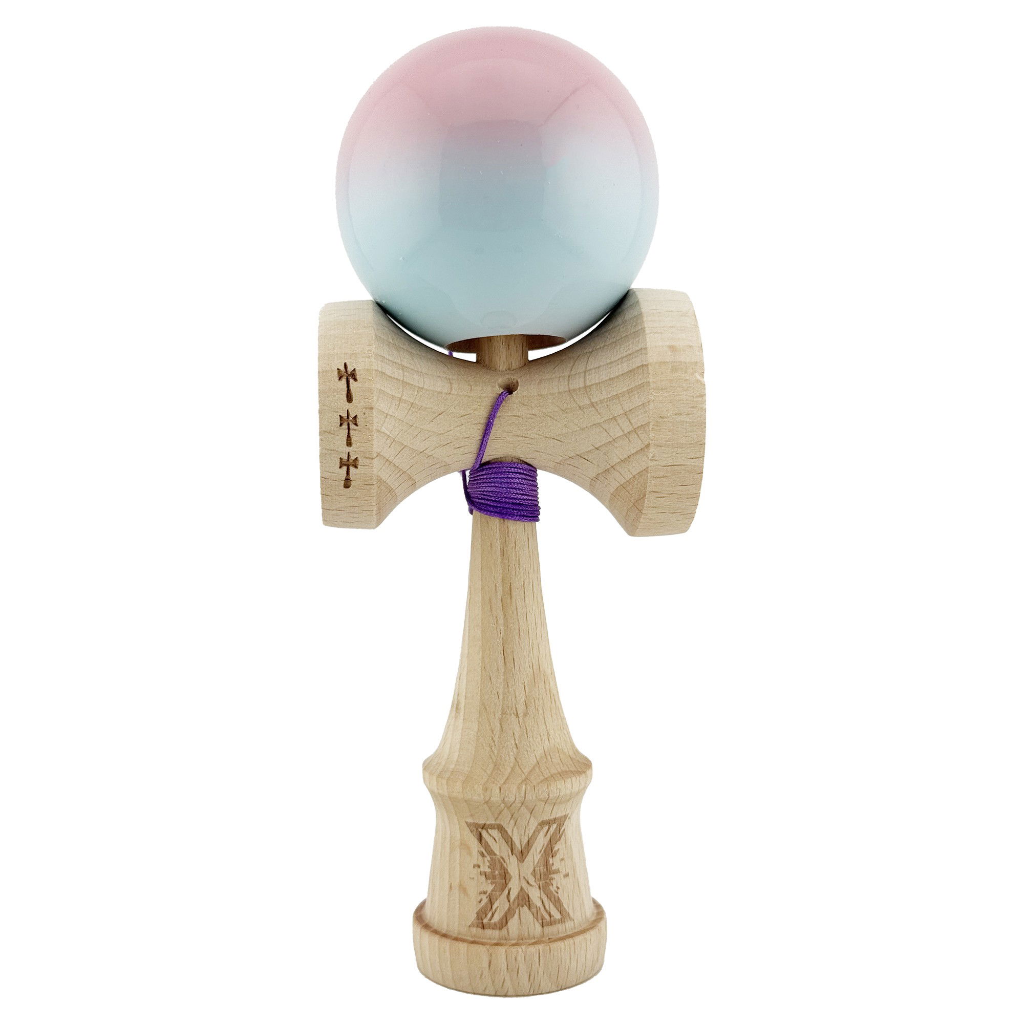 Kendama Super Sticky V2 Cupe Mari - Kendama X Originala, Profesionala, Flippy, Big Cups V2, Super Sticky cu Cupe Mari, din lemn 18 cm, Rulment Metalic cu Ata 55 cm, Roz/Albastru deschis