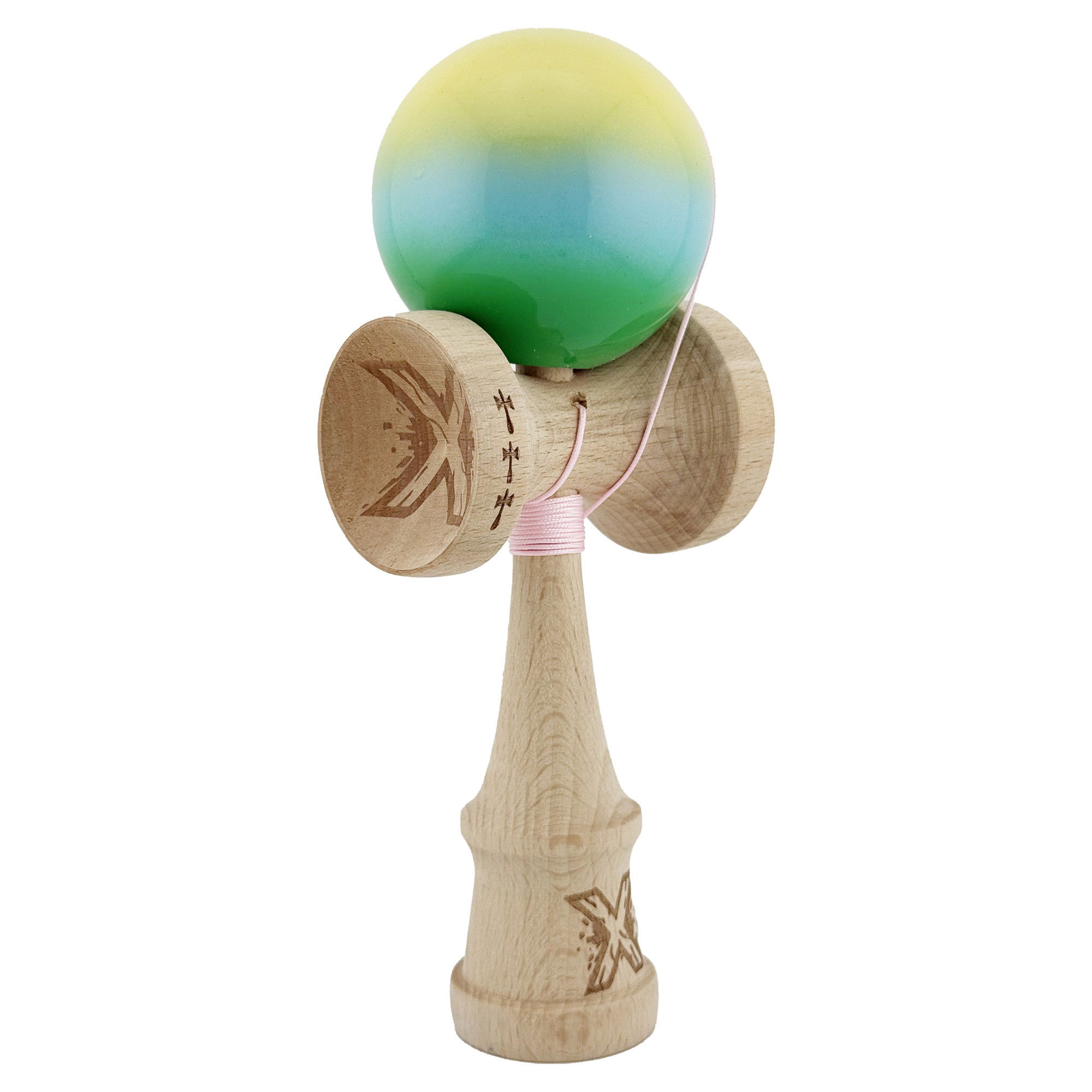 Kendama Super Sticky V2 Cupe Mari - Kendama X Originala, Profesionala, Flippy, Big Cups V2, Super Sticky cu Cupe Mari, din lemn 18 cm, Rulment Metalic cu Ata 55 cm, Galben/Albastru/Verde