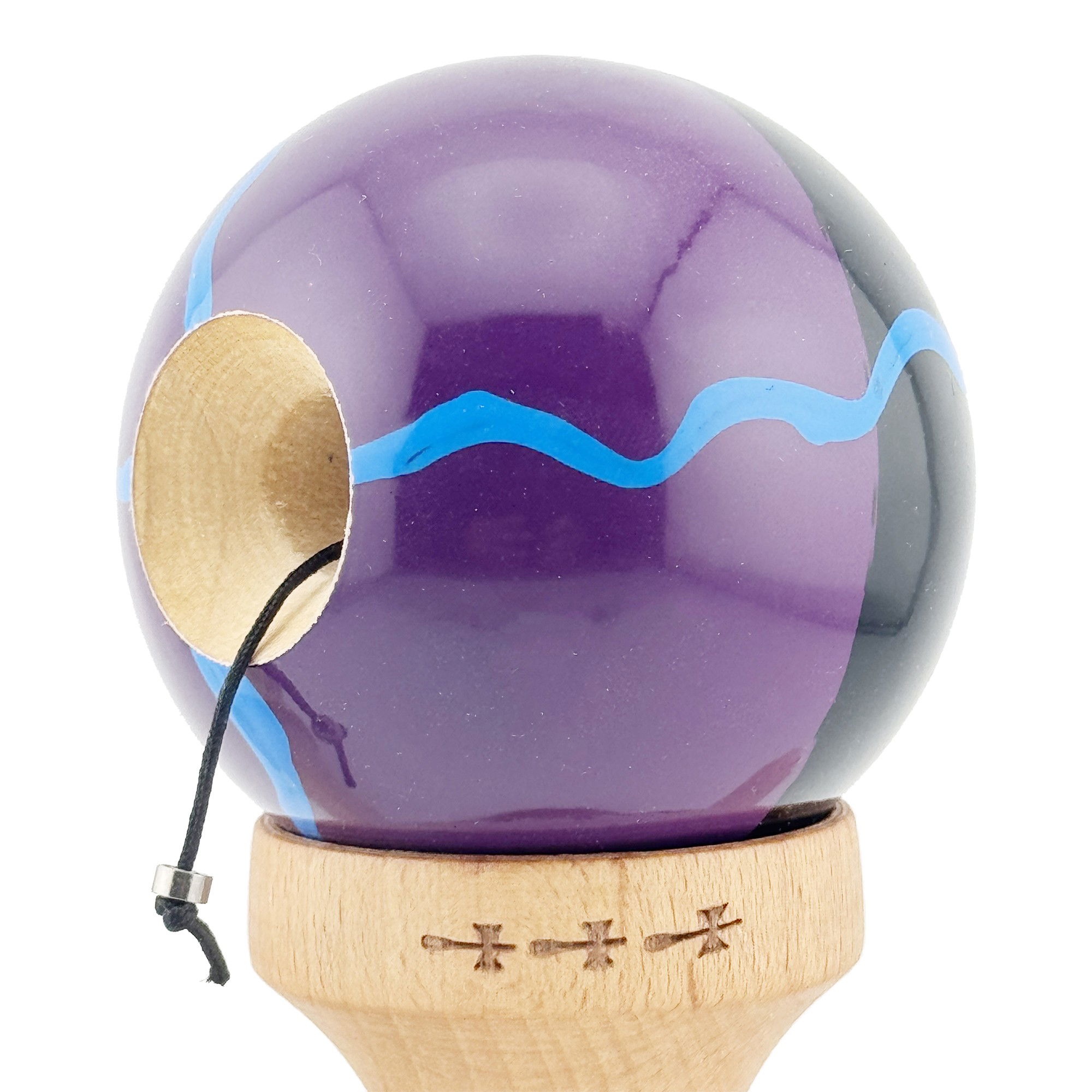 Kendama X Originala, Profesionala, Flippy, Big Cups V2, Super Sticky cu Cupe Mari, Rulment Metalic, din lemn 18 cm, Ata 55 cm, Negru/Mov [6]