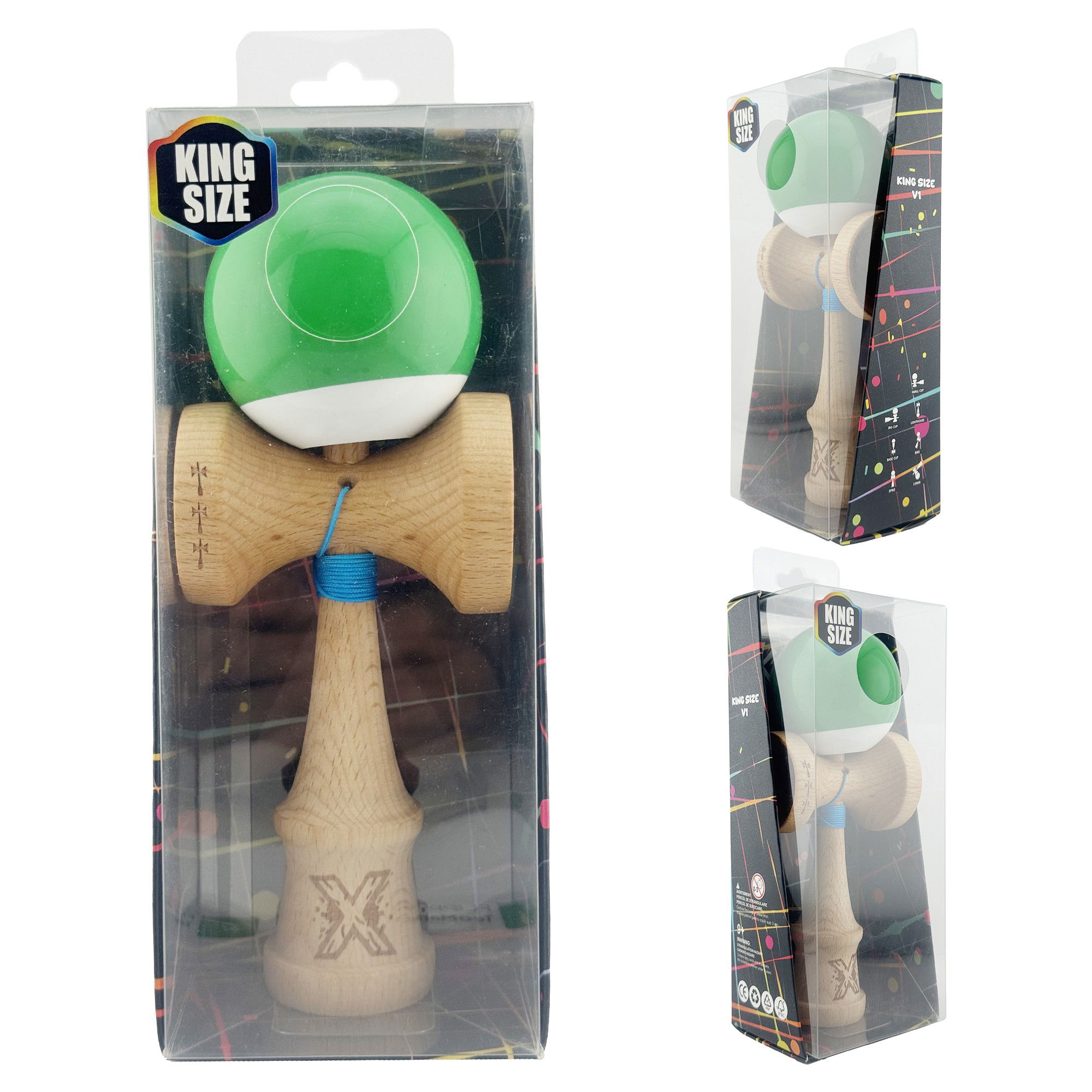 Kendama X Originala, Profesionala, Flippy, Big Cups V2, Super Sticky cu Cupe Mari, din lemn 18 cm, Rulment Metalic cu Ata 55 cm, Verde/Alb [10]