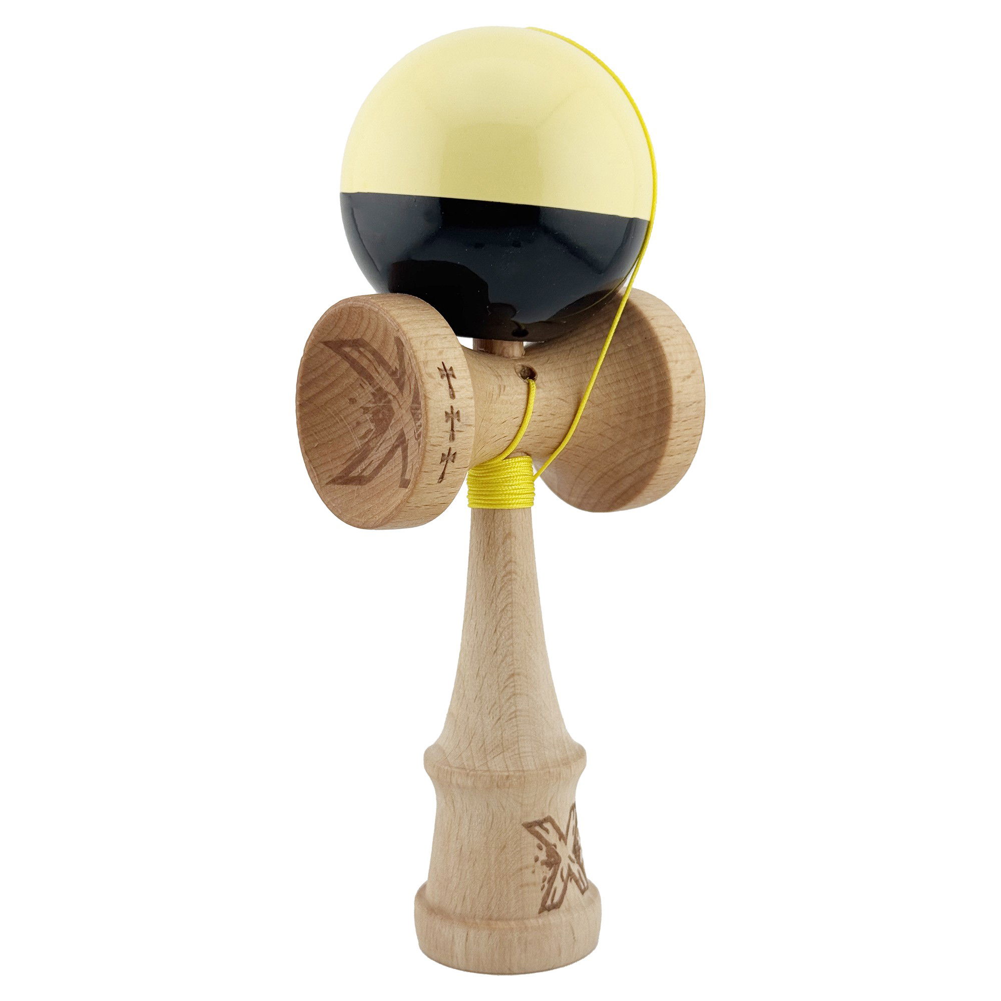 Kendama Super Sticky V2 Cupe Mari - Kendama X Originala, Profesionala, Flippy, Big Cups V2, Super Sticky cu Cupe Mari, Rulment Metalic, din lemn 18 cm, Ata 55 cm, Galben/Negru