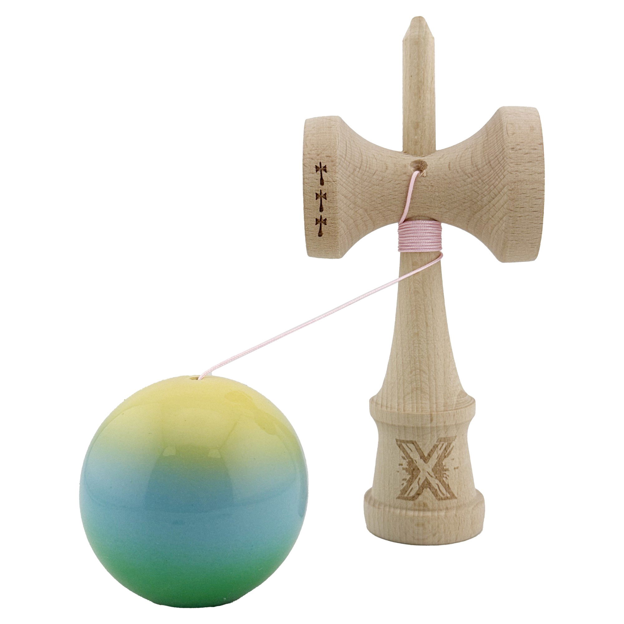 Kendama X Originala, Profesionala, Flippy, Big Cups V2, Super Sticky Cupe Mari, Rulment Metalic cu Ata 55 cm, Galben/Albastru deschis/Verde [3]