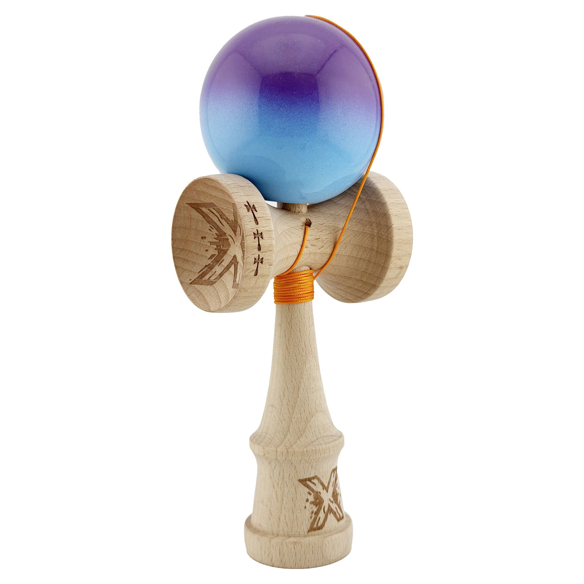 Kendama Super Sticky V2 Cupe Mari - Kendama X Originala, Profesionala, Flippy, Big Cups V2, Super Sticky cu Cupe Mari, din lemn 18 cm, Rulment Metalic cu Ata 55 cm, Mov/Albastru