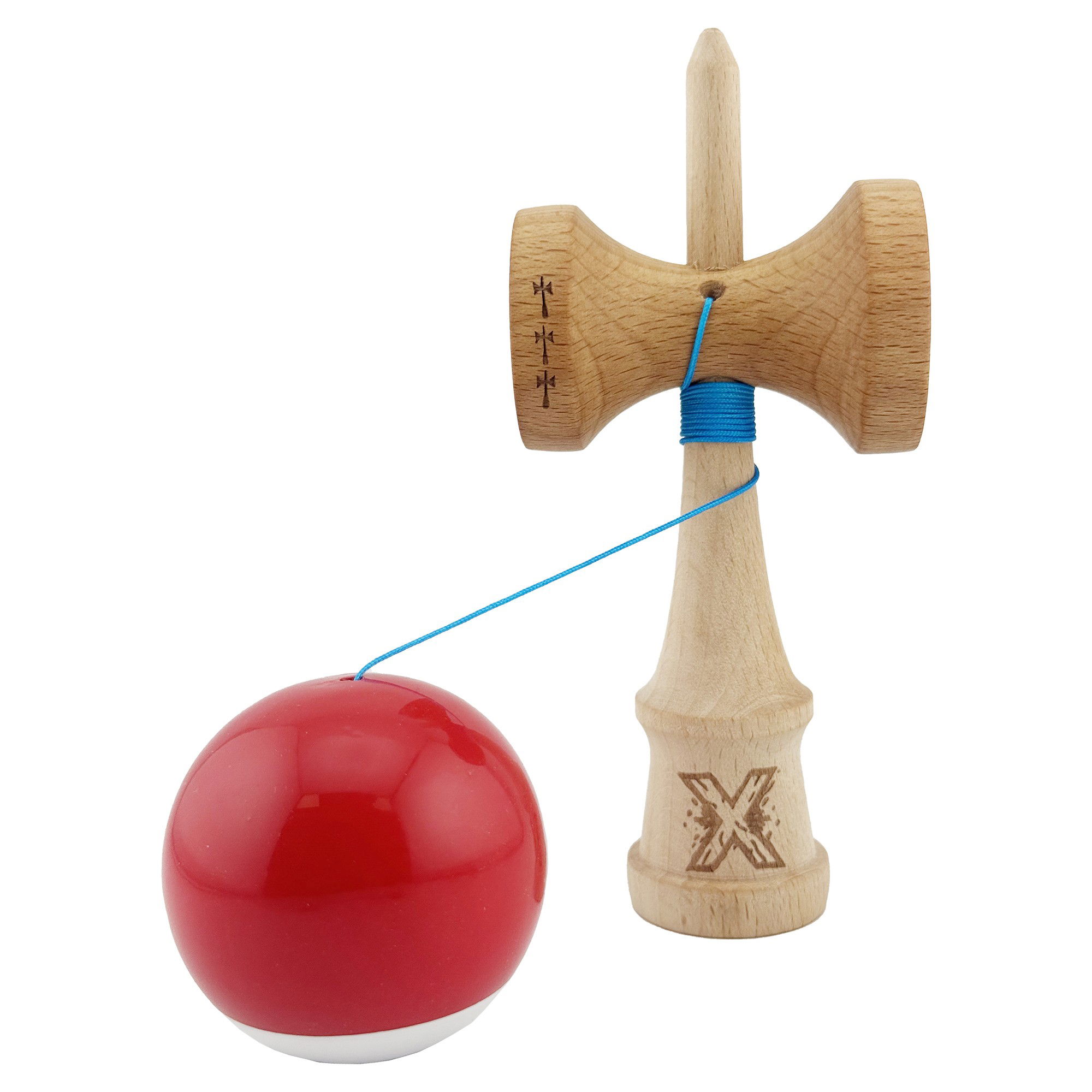 Kendama X Originala, Profesionala, Flippy, Big Cups V2, Super Sticky cu Cupe Mari, din lemn 18 cm, Rulment Metalic cu Ata 55 cm, Rosu/Alb [3]