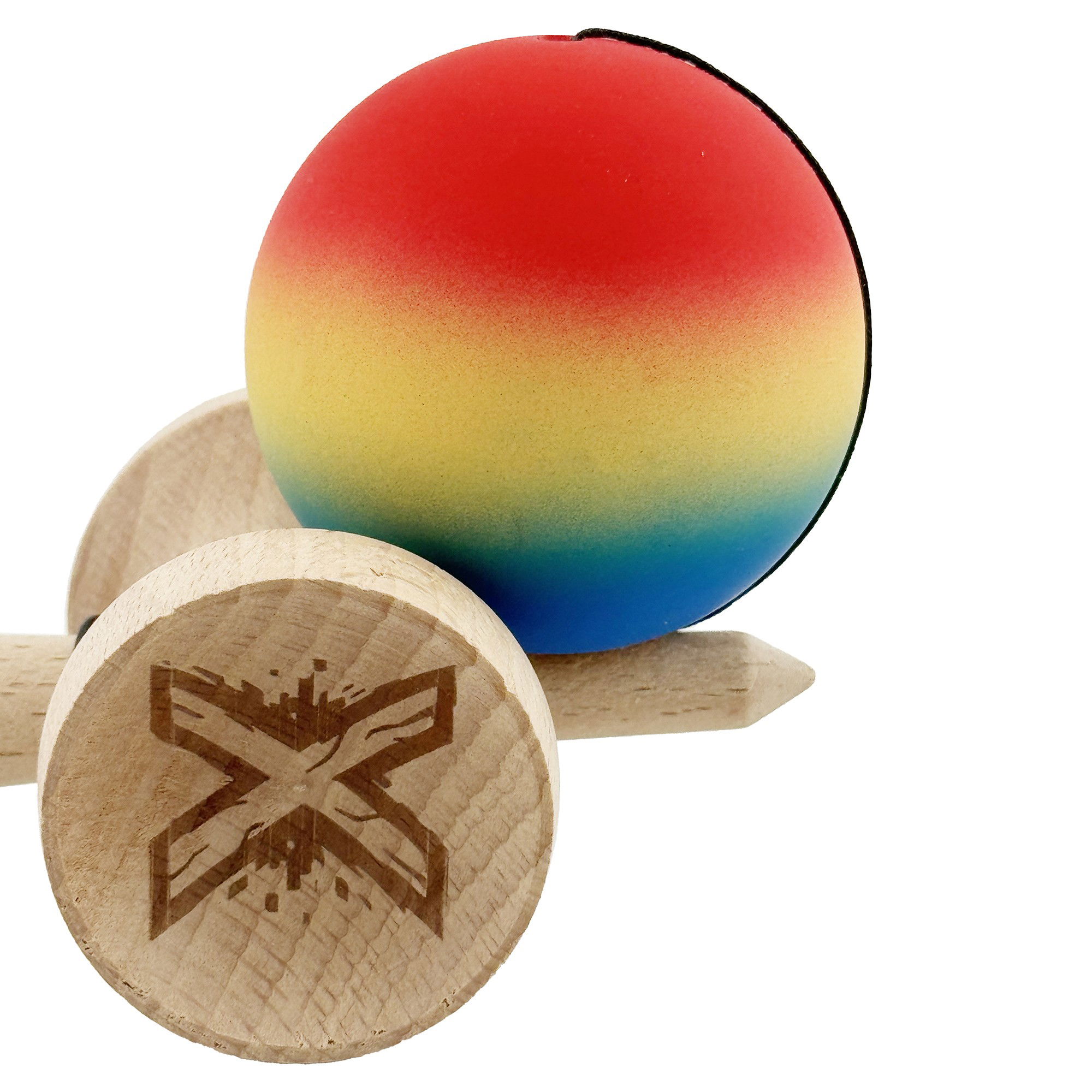 Kendama X Originala, Profesionala, Flippy, Cupe Mari KING SIZE V3, Rubber Grip, Gaura in Baza, Rulment Metalic, din lemn 18 cm, Ata 62/65 cm, Gradient Rosu/Galben/Albastru [8]