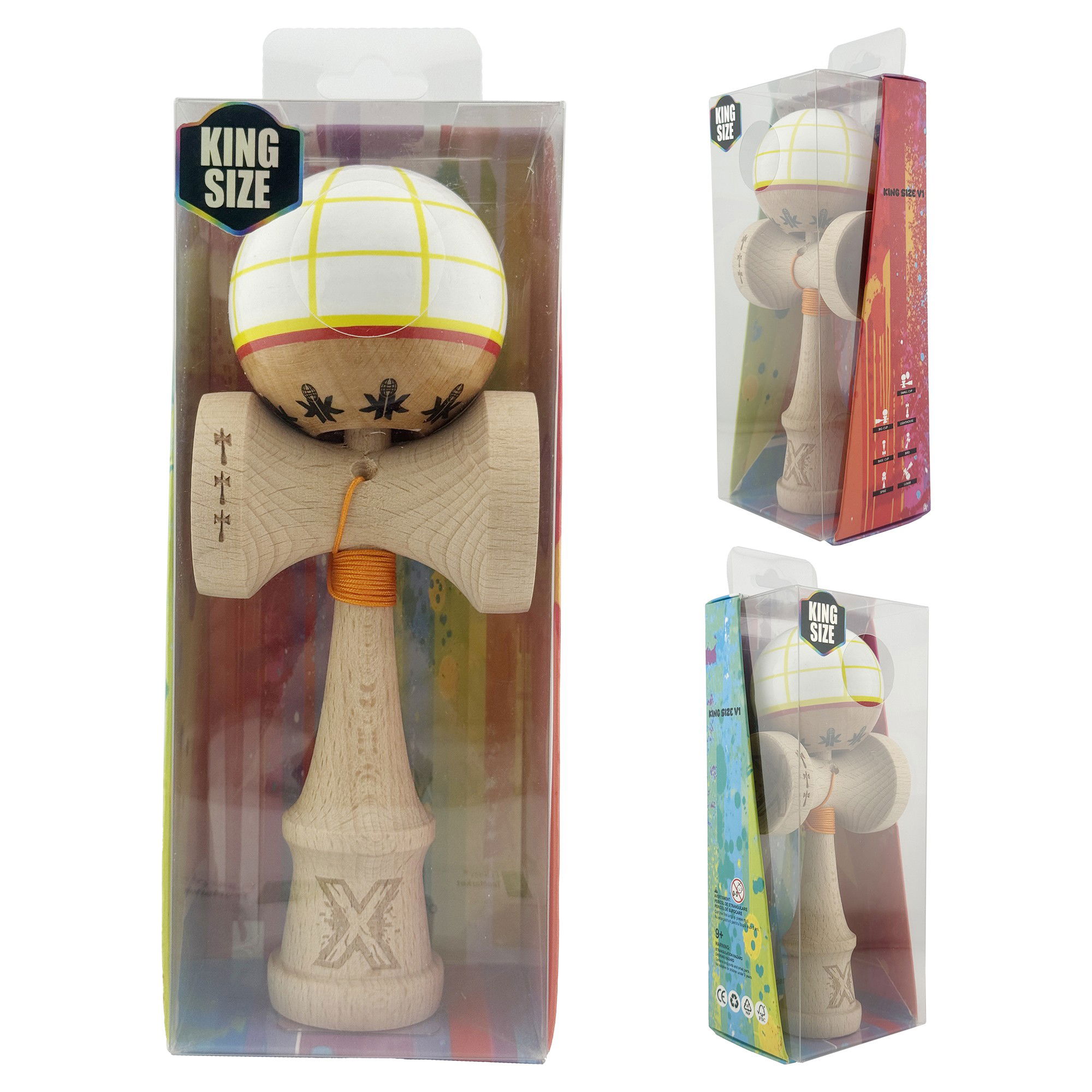 Kendama X Originala, Profesionala, Flippy, Big Cups V2, Model Glob Super Sticky Legendary Cupe Mari, Rulment Metalic cu Ata 55 cm, Alb/Galben/Rosu [4]