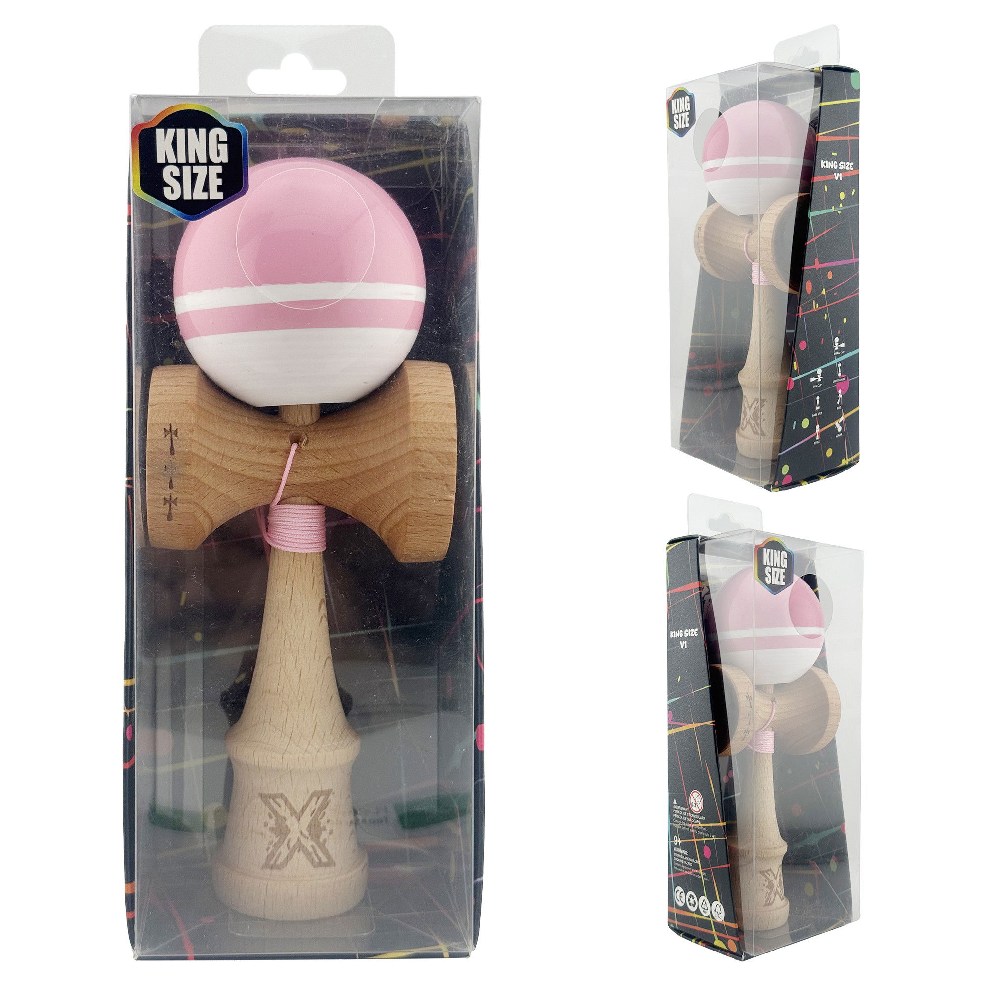 Kendama X Originala, Profesionala, Flippy, Big Cups V2, Super Sticky cu Cupe Mari, din lemn 18 cm, Rulment Metalic cu Ata 55 cm, Roz/Alb [10]
