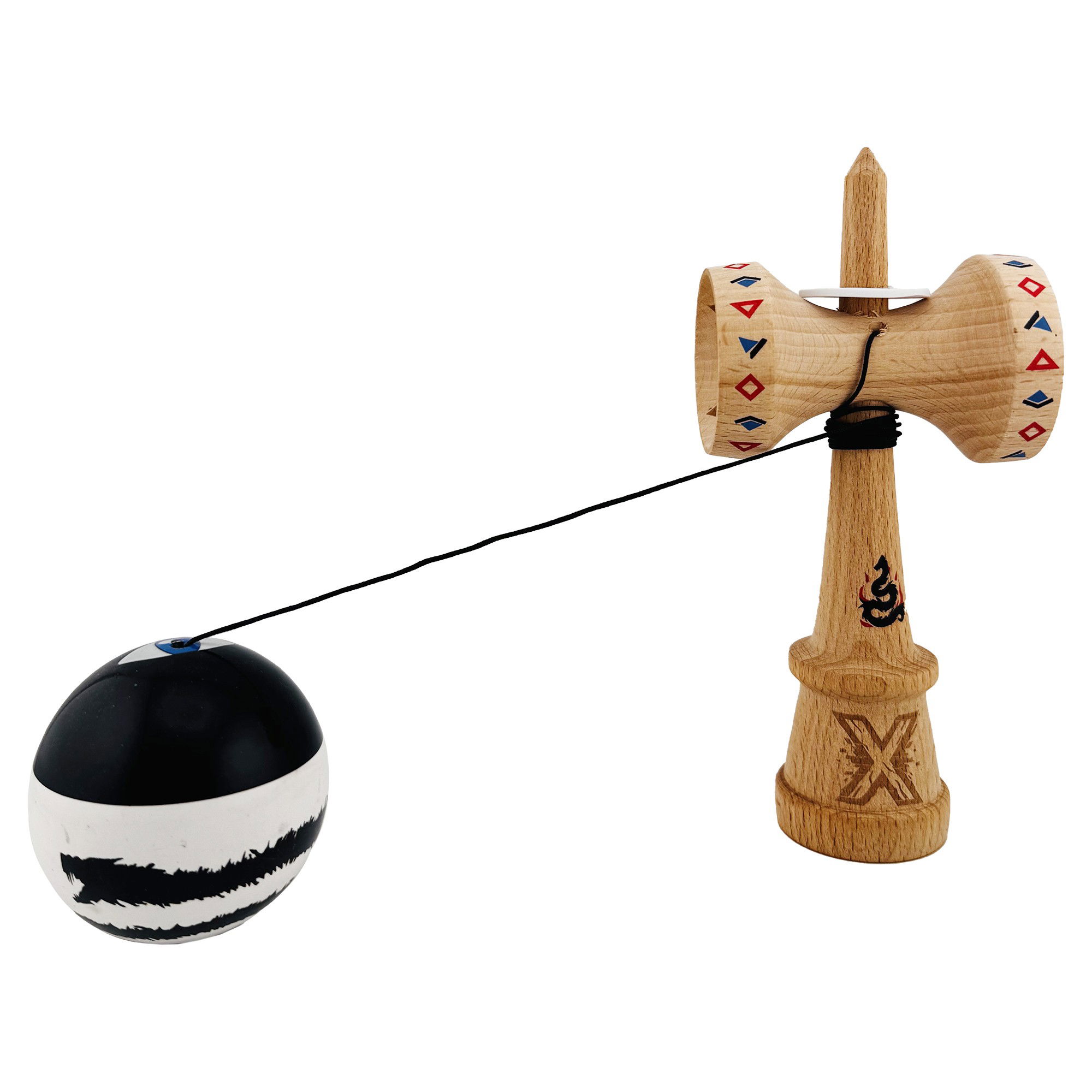 Kendama X Originala, Profesionala, Flippy, BLACK DRAGON, Super Sticky cu Cupe Mari KING SIZE V3, Gaura in Baza, Rulment Metalic, din lemn 18 cm, Ata 62/65 cm, Alb/Negru [5]