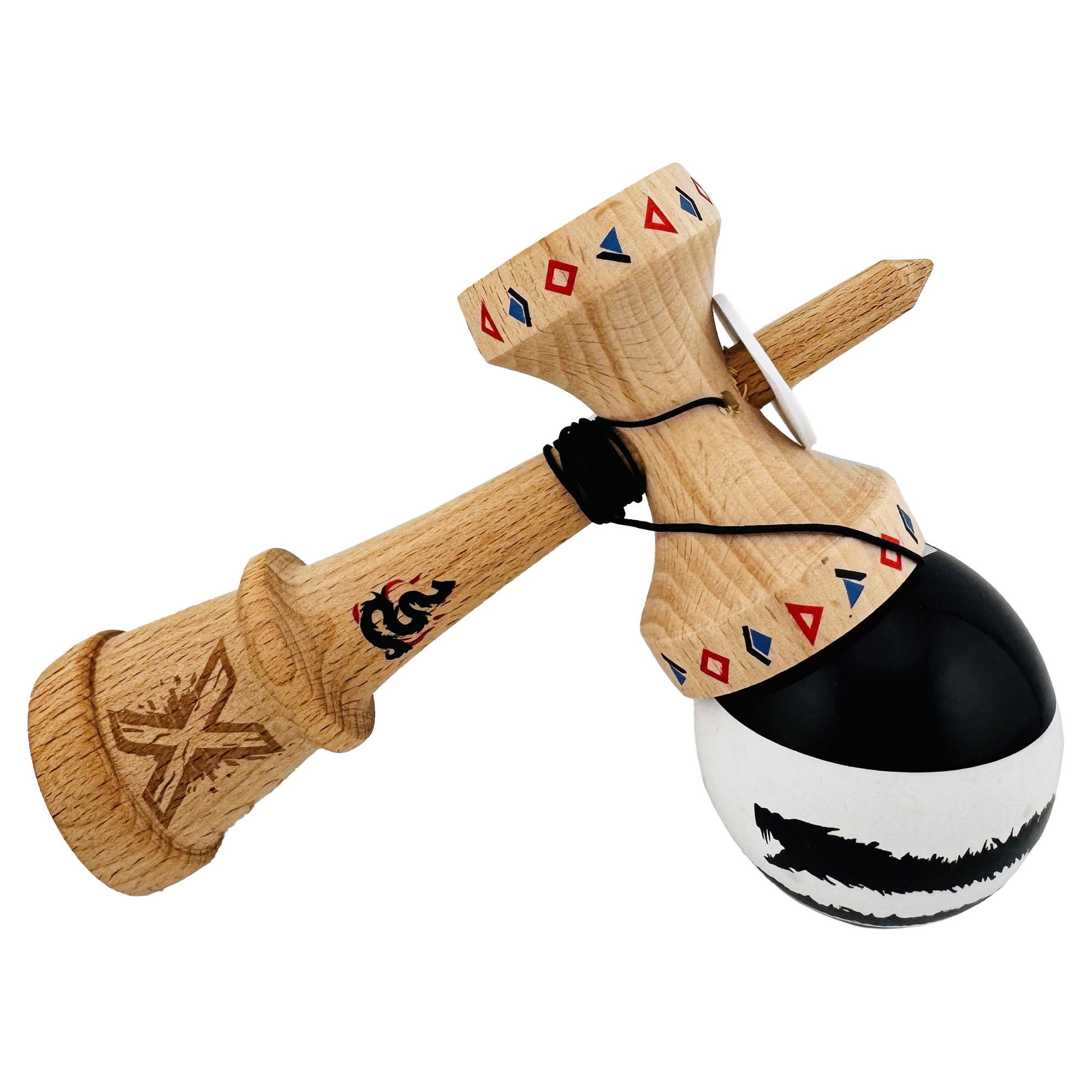 Kendama X Originala, Profesionala, Flippy, BLACK DRAGON, Super Sticky cu Cupe Mari KING SIZE V3, Gaura in Baza, Rulment Metalic, din lemn 18 cm, Ata 62/65 cm, Alb/Negru [4]