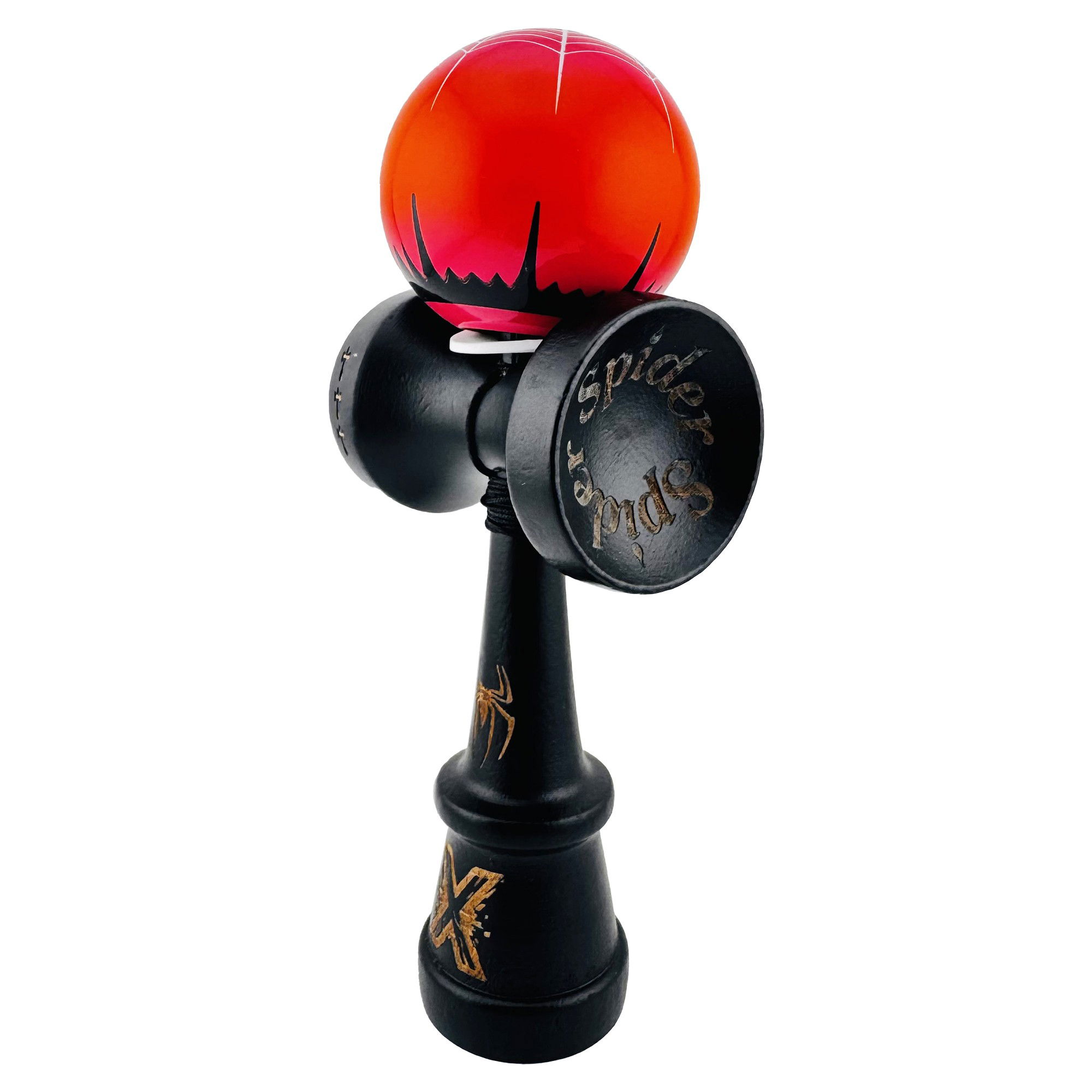Kendama X Originala, Profesionala, Flippy, BLACK Spider King, Super Sticky cu Cupe Mari KING SIZE V3, Gaura in Baza, Rulment Metalic, din lemn 18 cm, Ata 62/65 cm, Rosu/Negru [3]