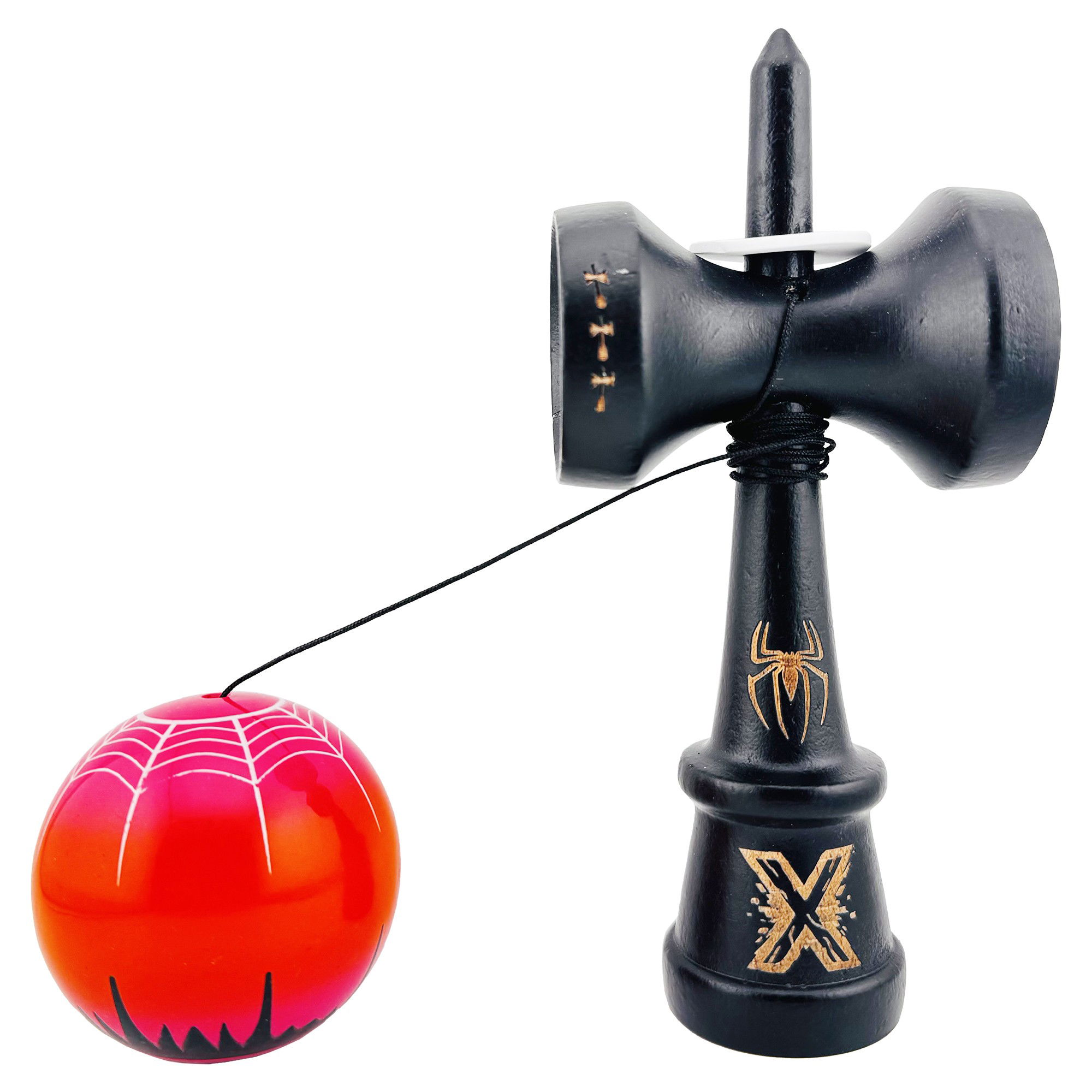 Kendama X Originala, Profesionala, Flippy, BLACK Spider King, Super Sticky cu Cupe Mari KING SIZE V3, Gaura in Baza, Rulment Metalic, din lemn 18 cm, Ata 62/65 cm, Rosu/Negru [4]