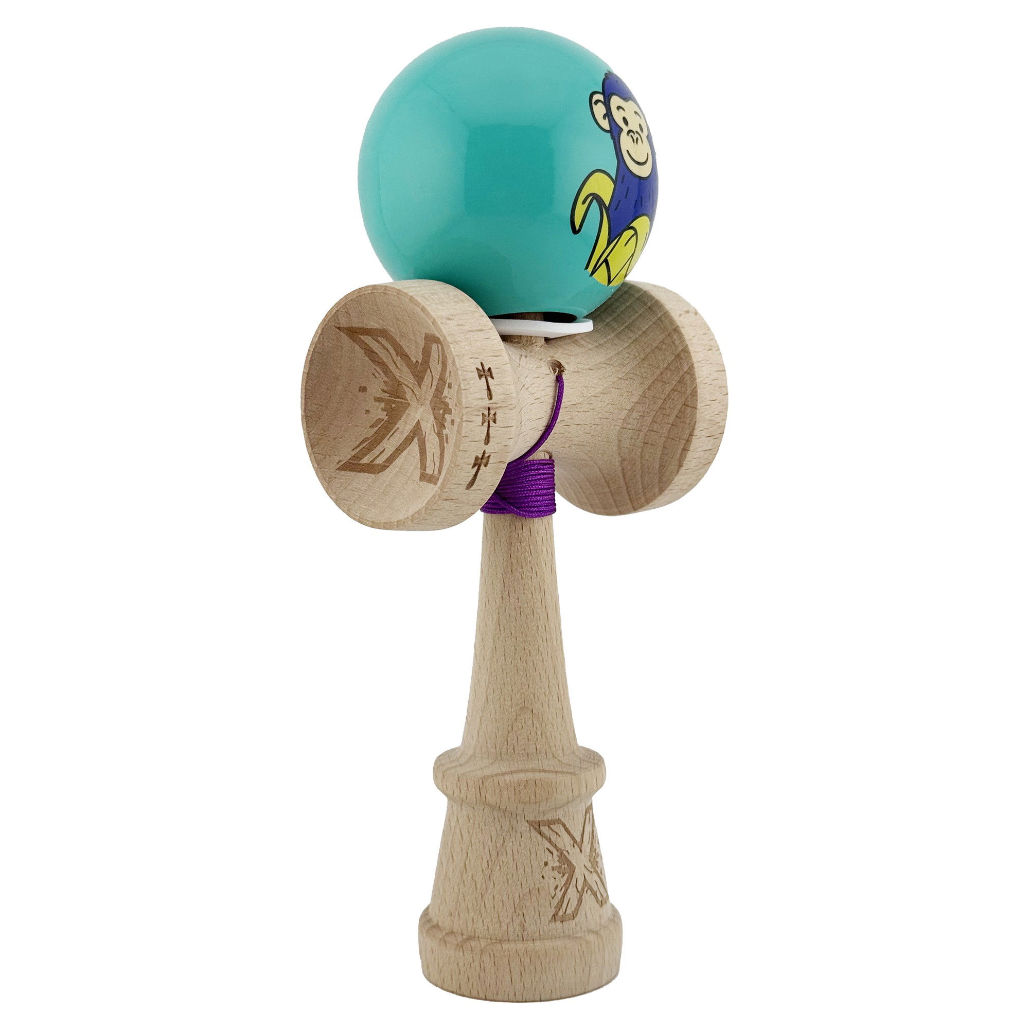Kendama Monkey V3 Cupe Mari - Kendama X Originala, Profesionala, Flippy, Blue Monkey, Super Sticky cu Cupe Mari King Size V3, Rulment Metalic si Gaura in Baza, din Lemn 18 cm, Ata 62/65 cm, Turcoaz