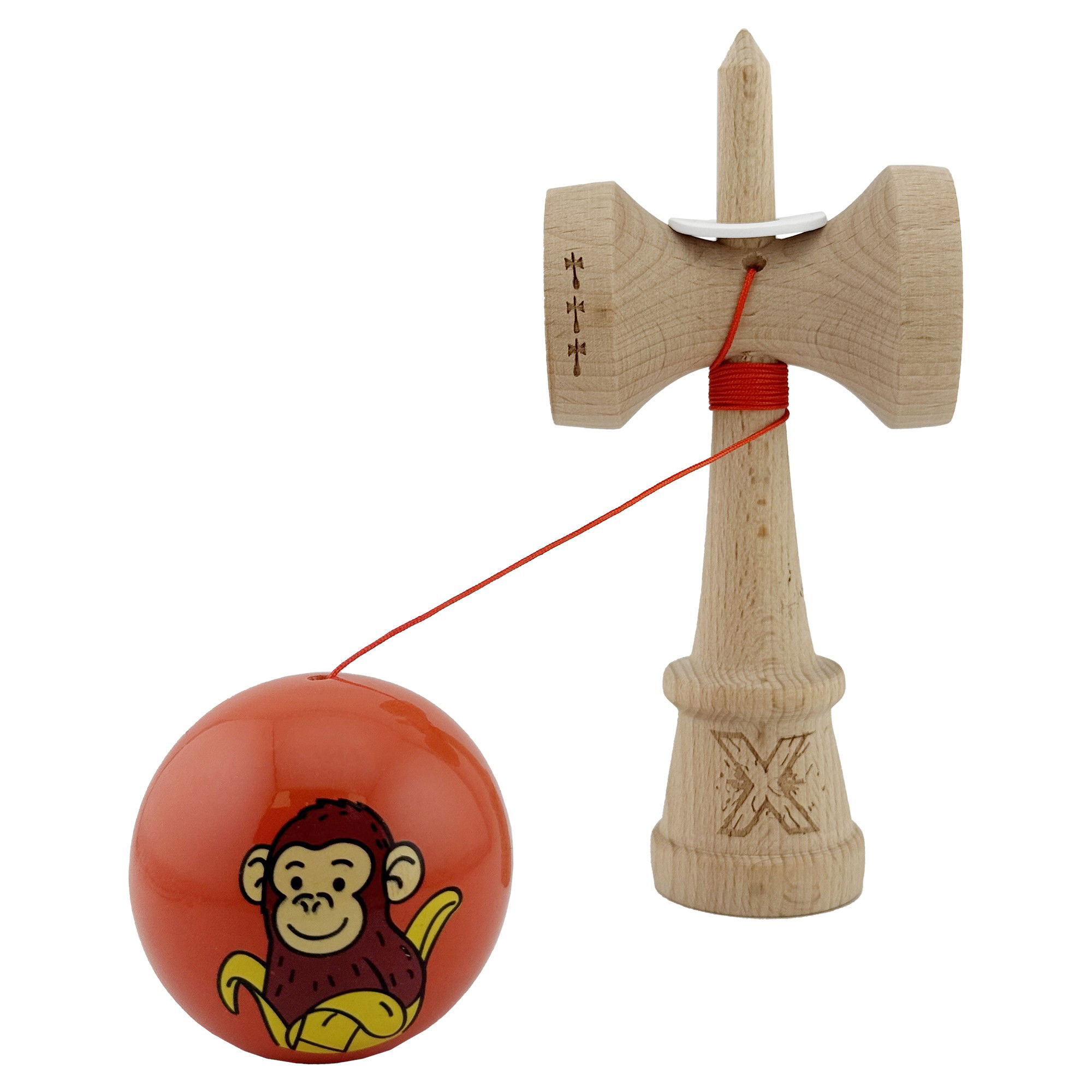 Kendama X Originala, Profesionala, Flippy, Brown Monkey, Super Sticky cu Cupe Mari King Size V3, Rulment Metalic si Gaura in Baza, din Lemn 18 cm, Ata 62/65 cm, Rosu [4]