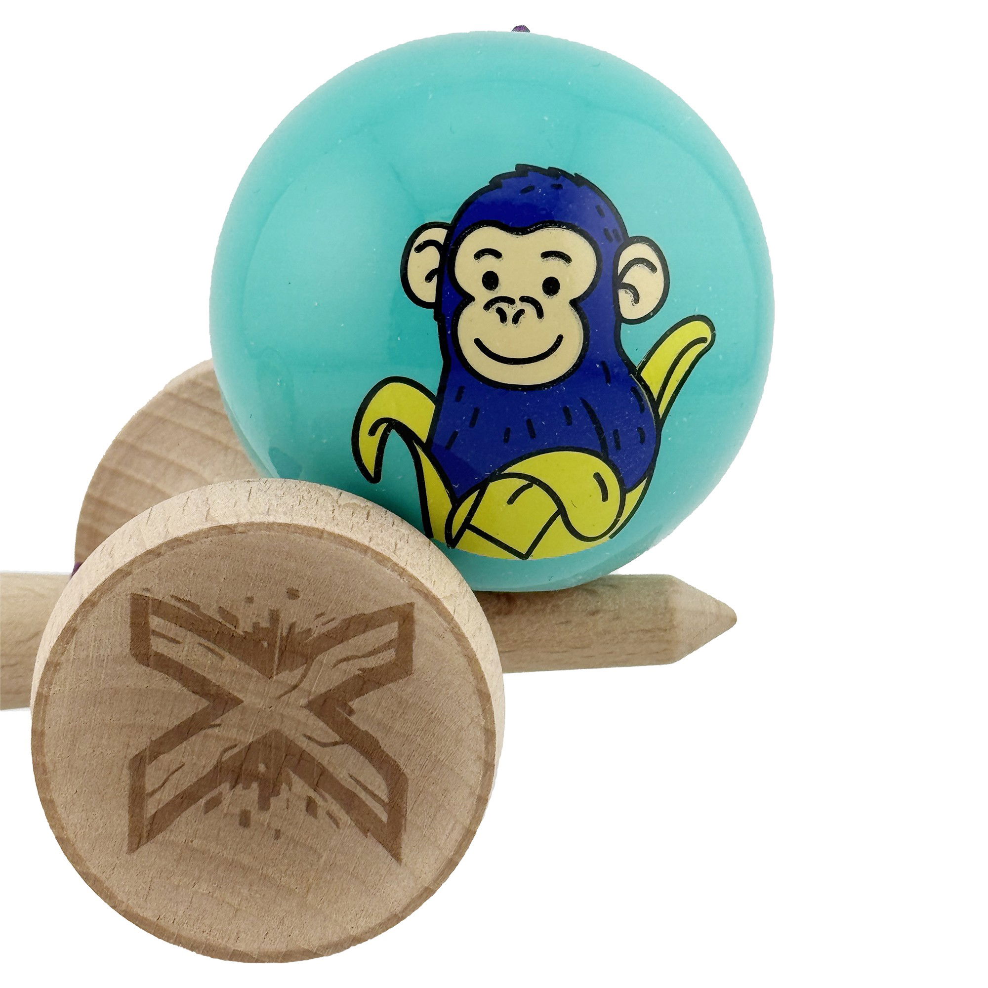 Kendama X Originala, Profesionala, Flippy, Blue Monkey, Super Sticky cu Cupe Mari King Size V3, Rulment Metalic si Gaura in Baza, din Lemn 18 cm, Ata 62/65 cm, Turcoaz [9]