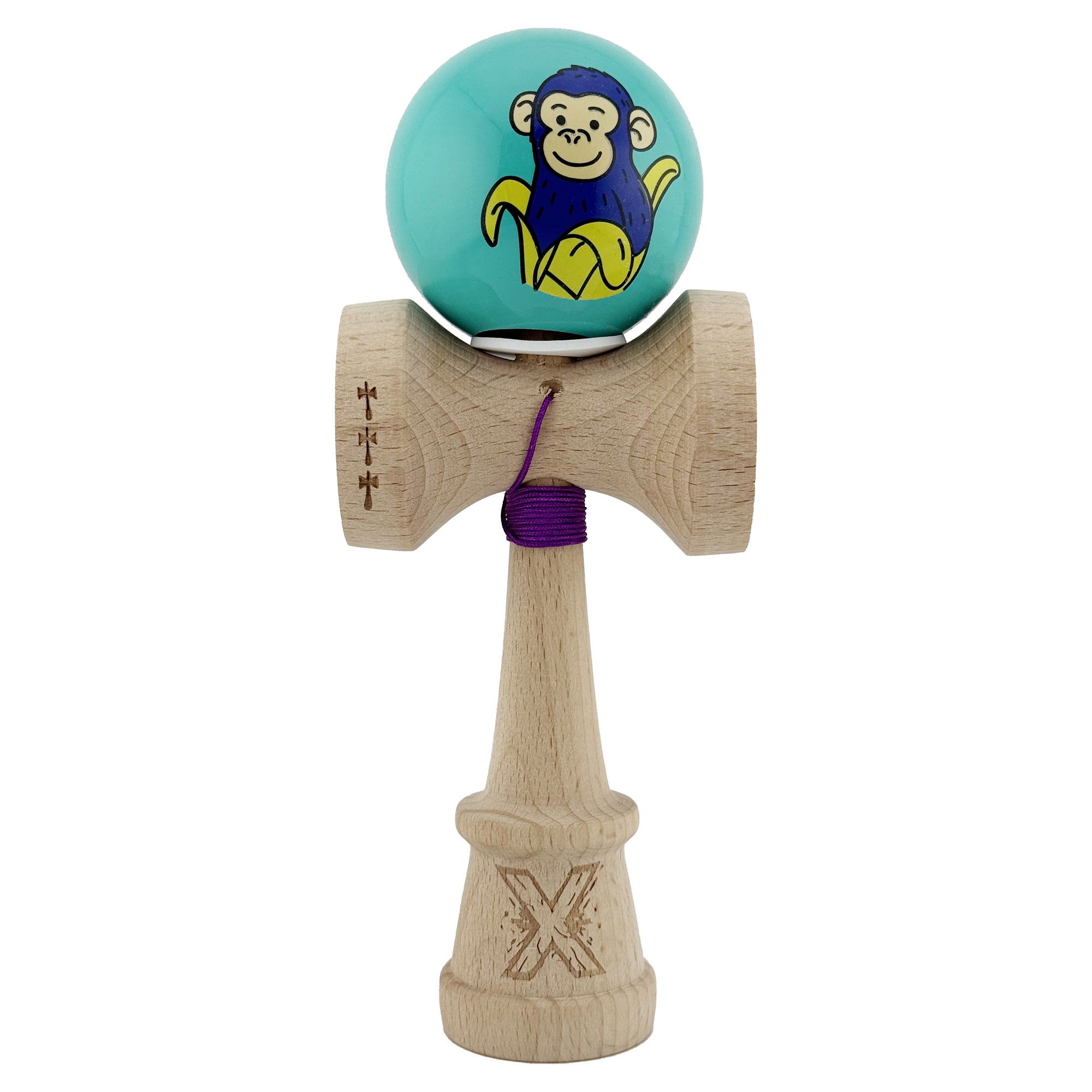 Kendama Monkey V3 Cupe Mari - Kendama X Originala, Profesionala, Flippy, Blue Monkey, Super Sticky cu Cupe Mari King Size V3, Rulment Metalic si Gaura in Baza, din Lemn 18 cm, Ata 62/65 cm, Turcoaz