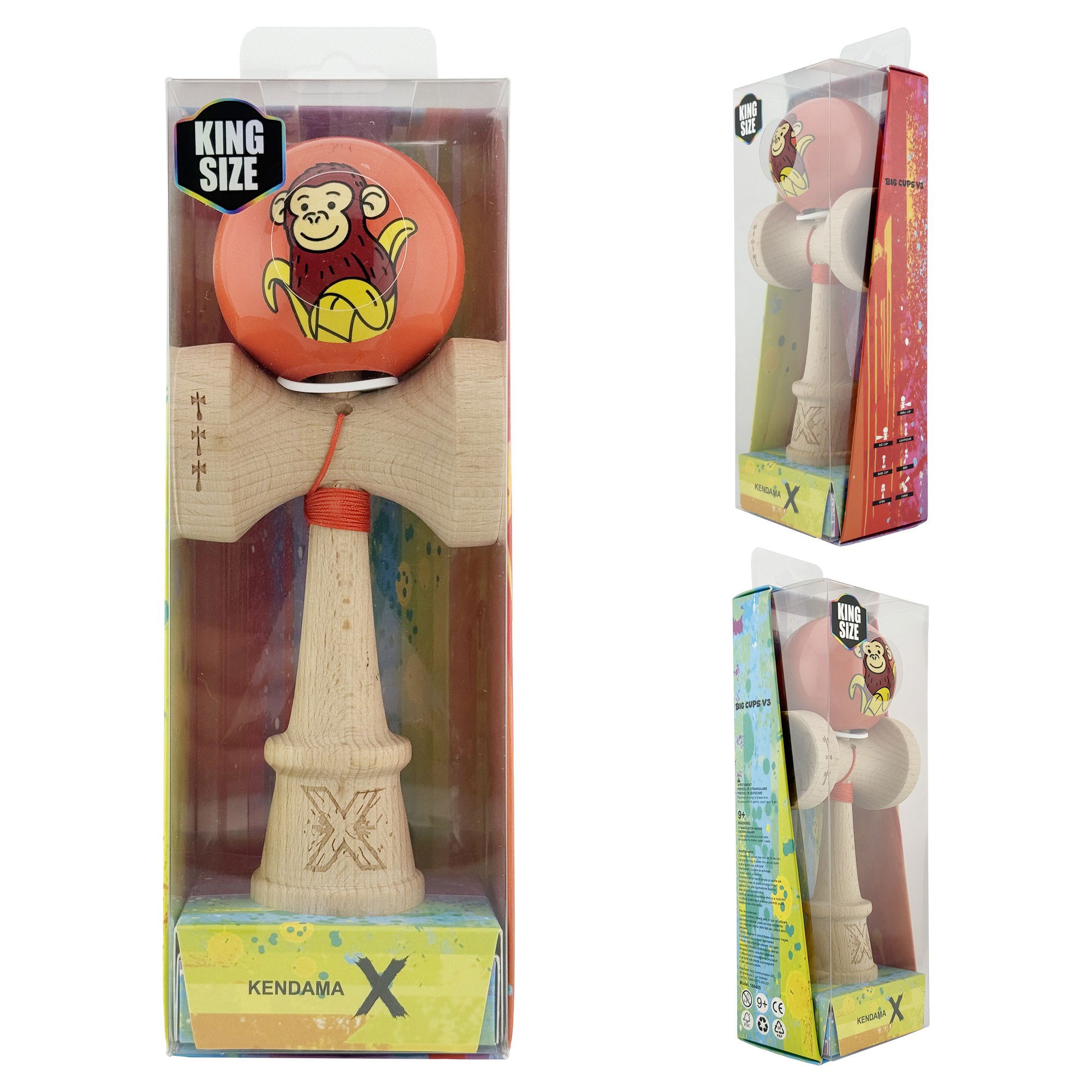 Kendama X Originala, Profesionala, Flippy, Brown Monkey, Super Sticky cu Cupe Mari King Size V3, Rulment Metalic si Gaura in Baza, din Lemn 18 cm, Ata 62/65 cm, Rosu [6]