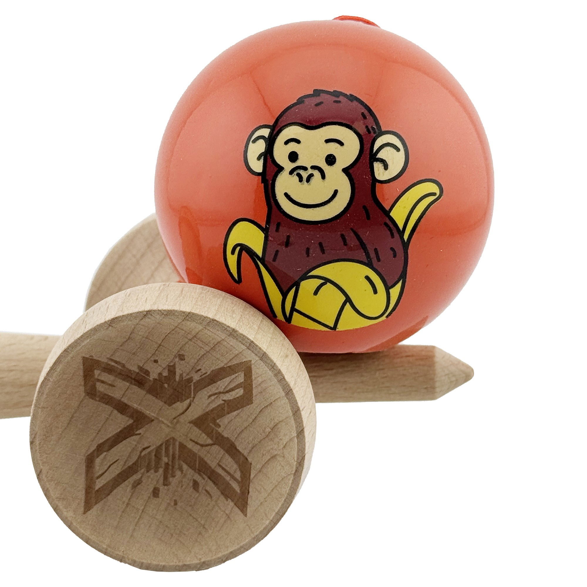 Kendama X Originala, Profesionala, Flippy, Brown Monkey, Super Sticky cu Cupe Mari King Size V3, Rulment Metalic si Gaura in Baza, din Lemn 18 cm, Ata 62/65 cm, Rosu [9]
