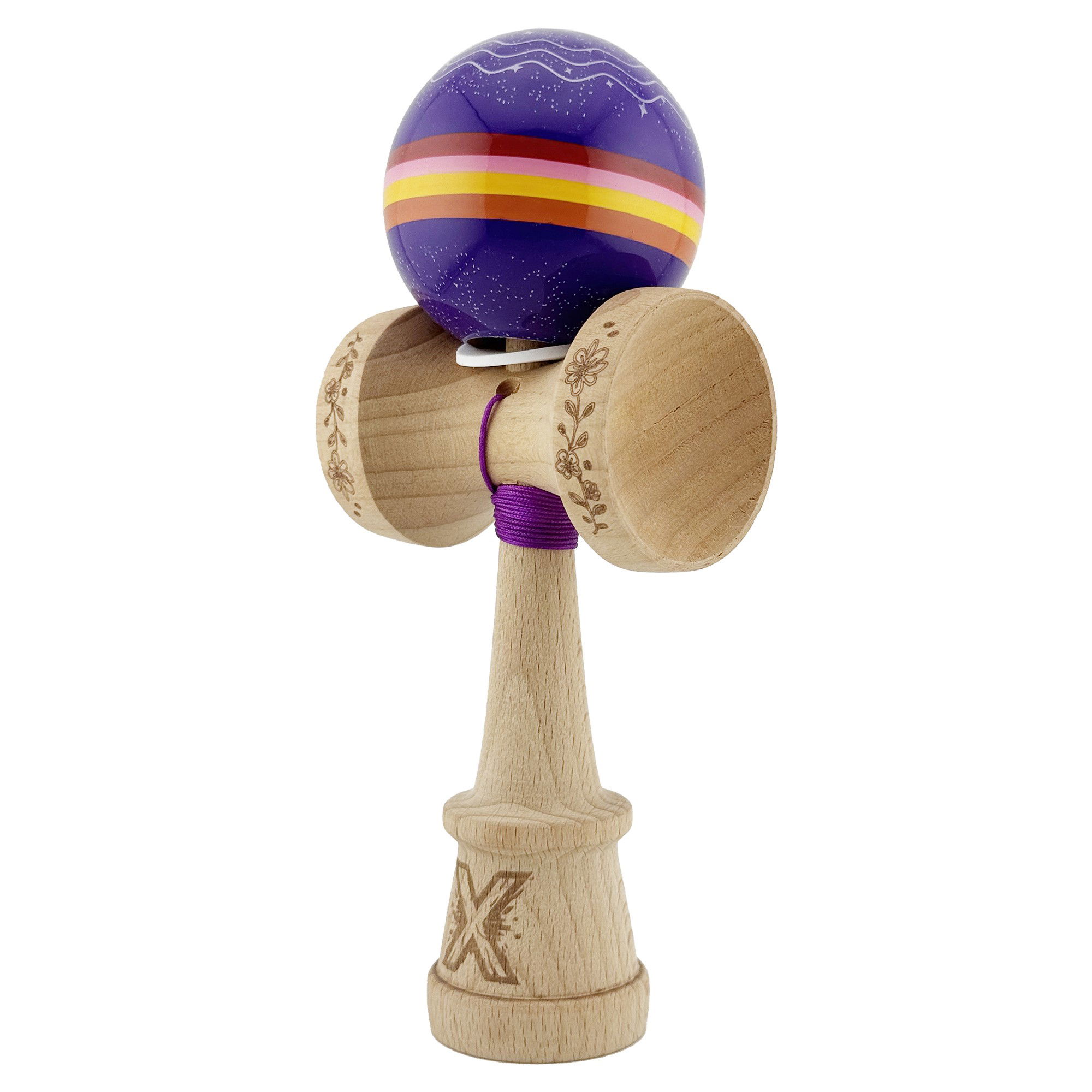 Kendama X Originala, Profesionala, Flippy, NIGHT SKY, Super Sticky cu Cupe Mari KING SIZE V3, Gaura in Baza, Rulment Metalic, din lemn 18 cm, Ata 62/65 cm, Mov [3]