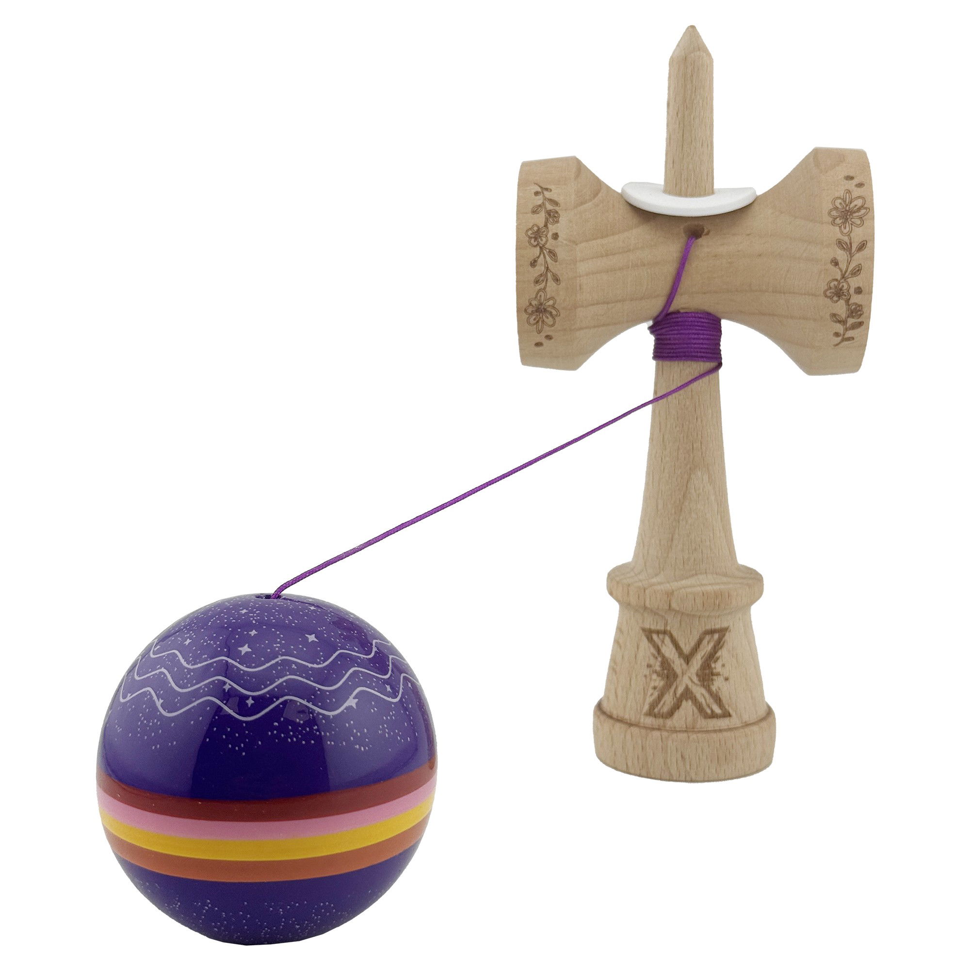Kendama X Originala, Profesionala, Flippy, NIGHT SKY, Super Sticky cu Cupe Mari KING SIZE V3, Gaura in Baza, Rulment Metalic, din lemn 18 cm, Ata 62/65 cm, Mov [4]