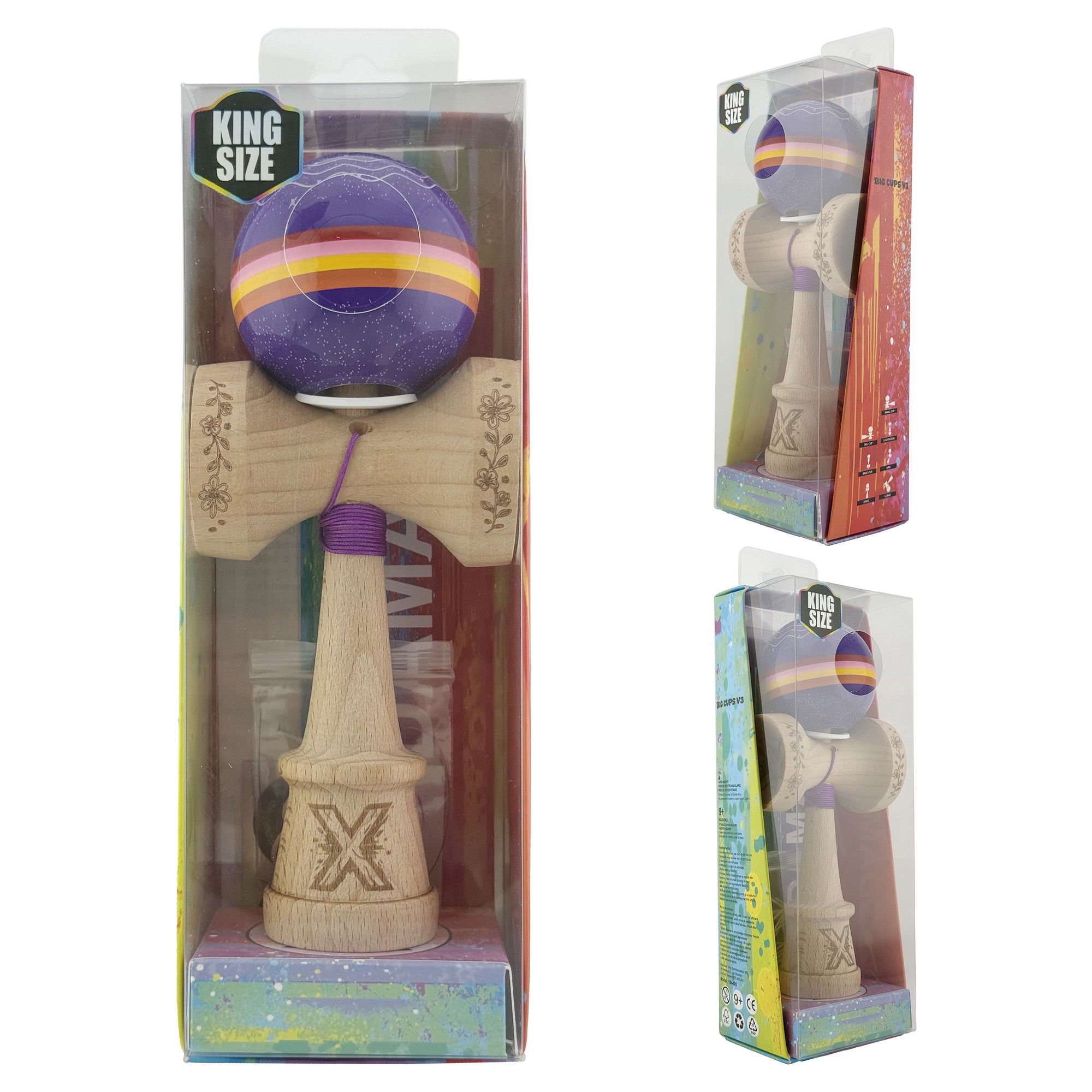 Kendama X Originala, Profesionala, Flippy, NIGHT SKY, Super Sticky cu Cupe Mari KING SIZE V3, Gaura in Baza, Rulment Metalic, din lemn 18 cm, Ata 62/65 cm, Mov [6]