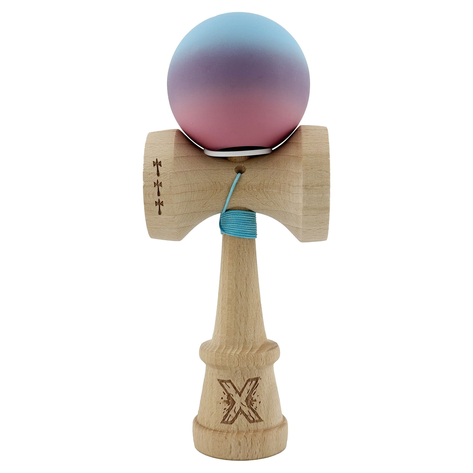Kendama Rubber Grip V3 Cupe Mari - Kendama X Originala, Profesionala, Flippy, Cupe Mari KING SIZE V3, Rubber Grip, Gaura in Baza, Rulment Metalic, din lemn 18 cm, Ata 62/65 cm, Gradient Albastru deschis/Mov/Roz