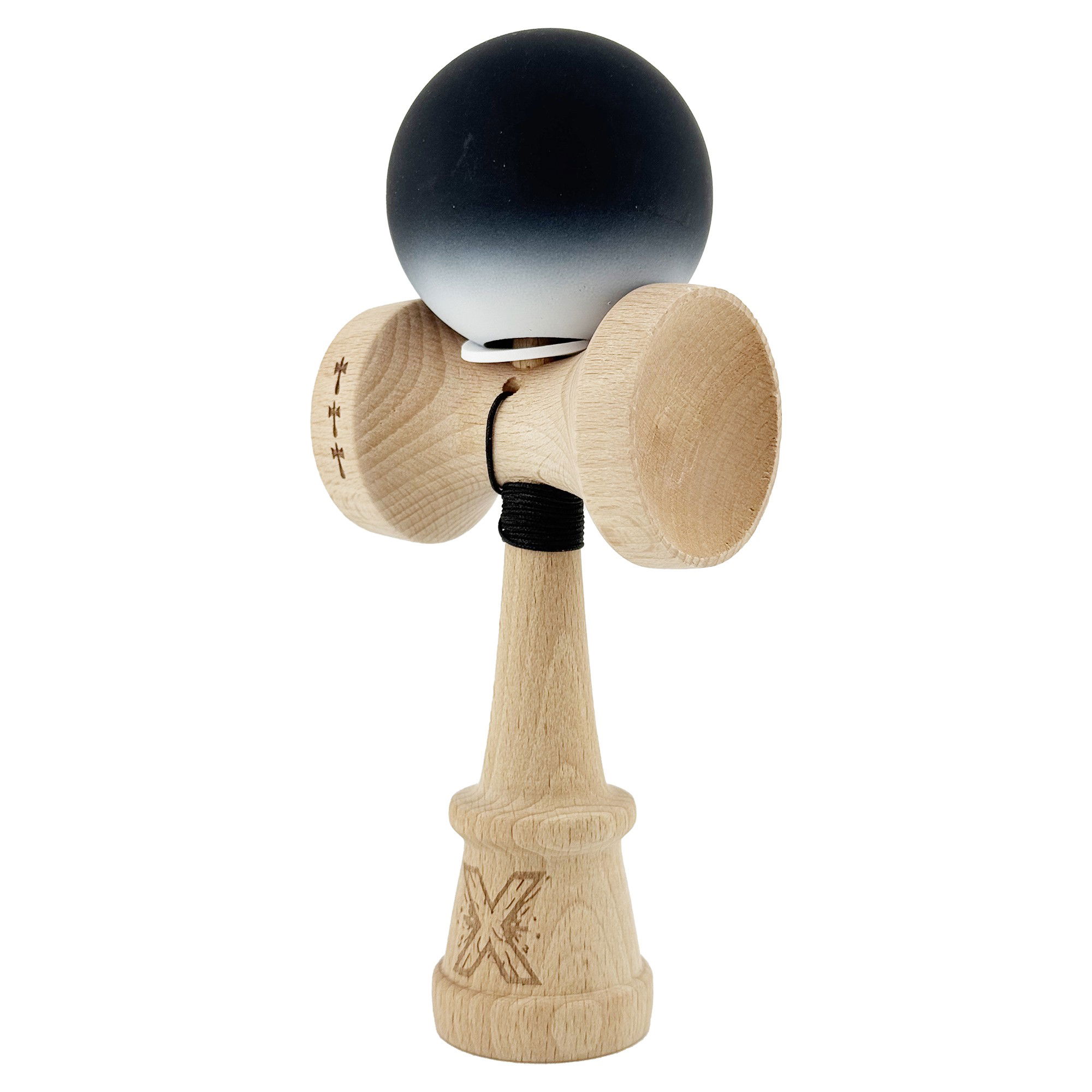 Kendama X Originala, Profesionala, Flippy, Cupe Mari KING SIZE V3, Rubber Grip, Gaura in Baza, Rulment Metalic, din lemn 18 cm, Ata 62/65 cm, Gradient Negru/Alb [3]
