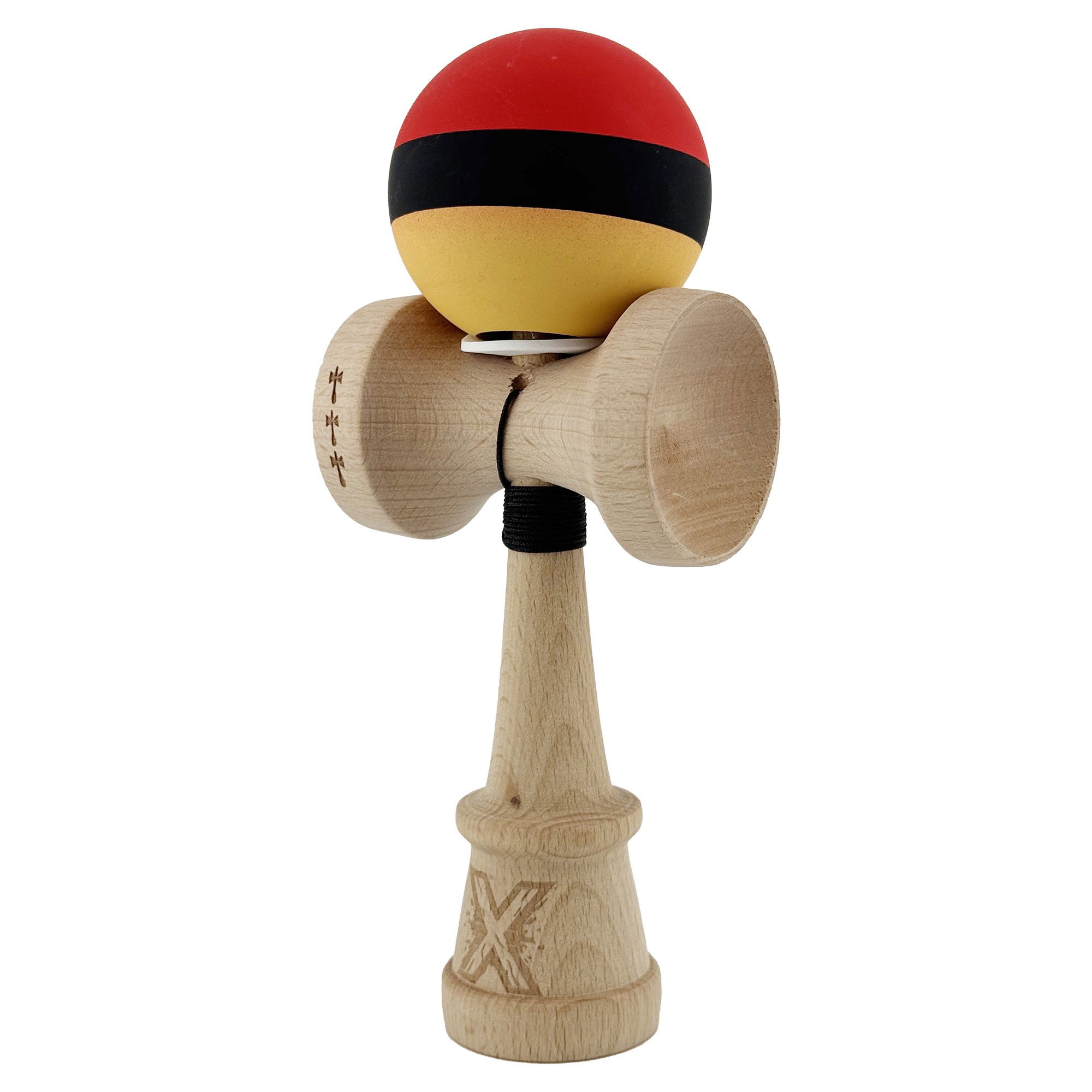 Kendama X Originala, Profesionala, Flippy, Cupe Mari KING SIZE V3, Rubber Grip, Gaura in Baza, Rulment Metalic, din lemn 18 cm, Ata 62/65 cm, M Rosu/Negru/Galben [3]