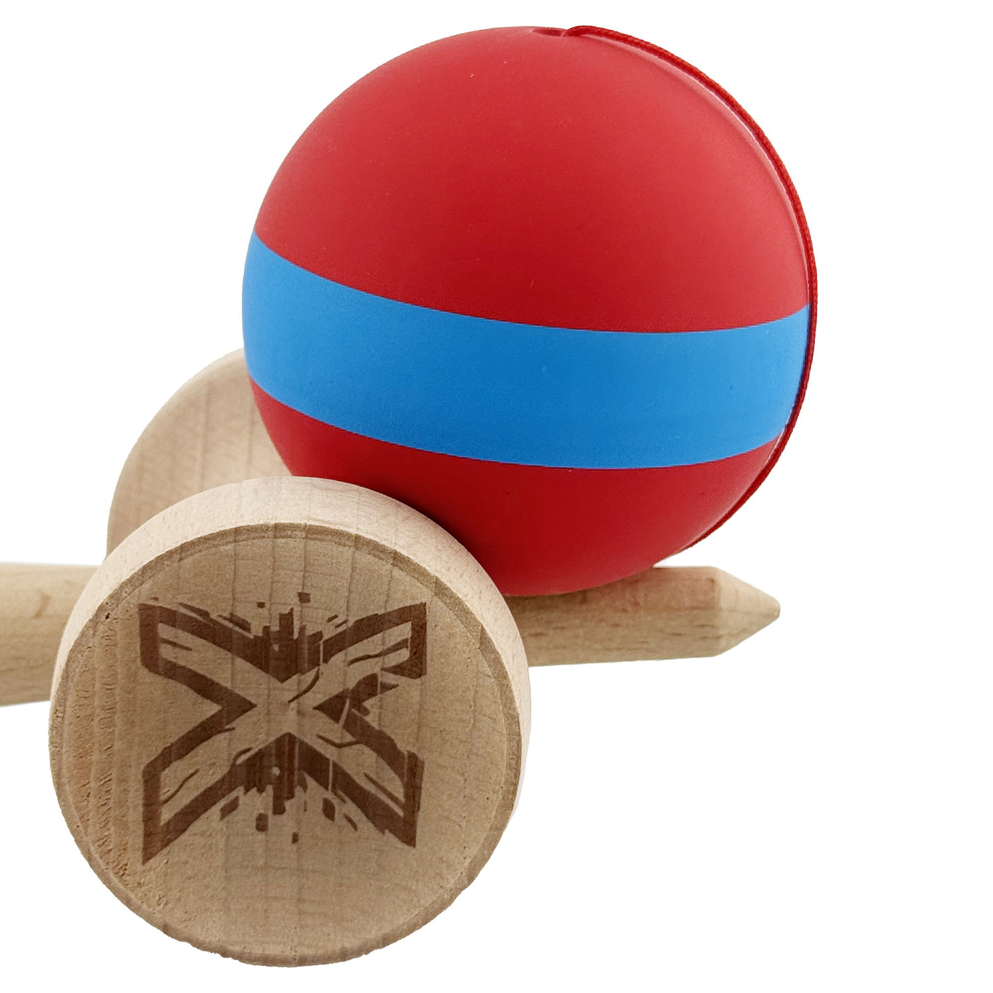 Kendama X Originala, Profesionala, Flippy, Cupe Mari KING SIZE V3, Rubber Grip, Gaura in Baza, Rulment Metalic, din lemn 18 cm, Ata 62/65 cm, M Bicolor Rosu/Albastru [8]