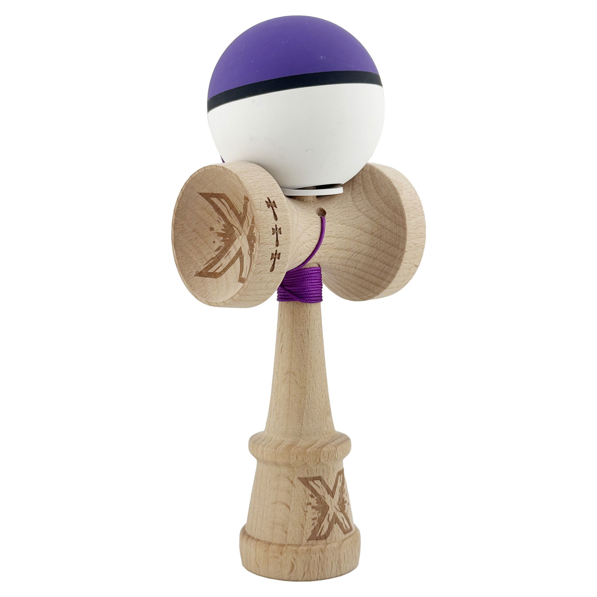 Kendama Rubber Grip V3 Cupe Mari - Kendama X Originala, Profesionala, Flippy, Cupe Mari KING SIZE V3, Rubber Grip, Gaura in Baza, Rulment Metalic, din lemn 18 cm, Ata 62/65 cm, S Bicolor Mov/Alb