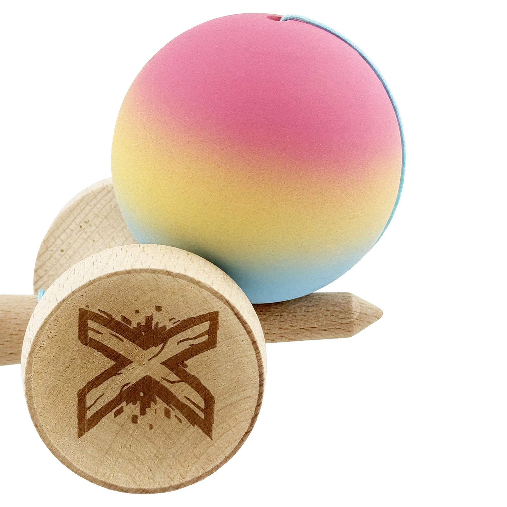 Kendama X Originala, Profesionala, Flippy, Cupe Mari KING SIZE V3, Rubber Grip, Gaura in Baza, Rulment Metalic, din lemn 18 cm, Ata 62/65 cm, Gradient Roz/Galben/Albastru deschis [8]