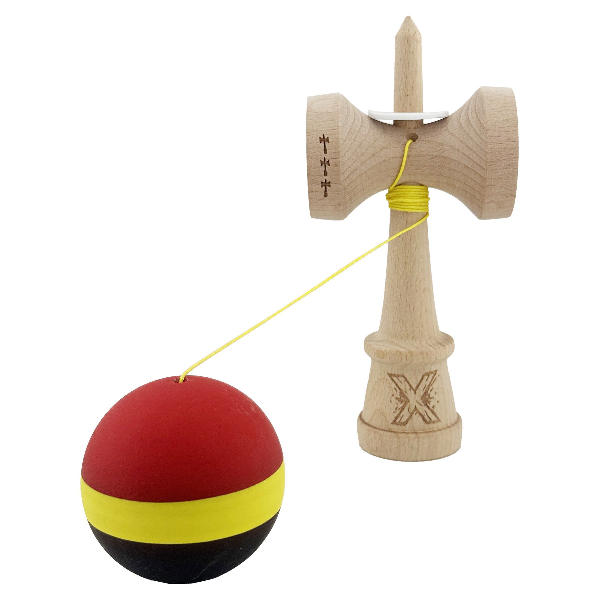 Kendama X Originala, Profesionala, Flippy, Cupe Mari KING SIZE V3, Rubber Grip, Gaura in Baza, Rulment Metalic, din lemn 18 cm, Ata 62/65 cm, M Rosu/Galben/Negru [4]