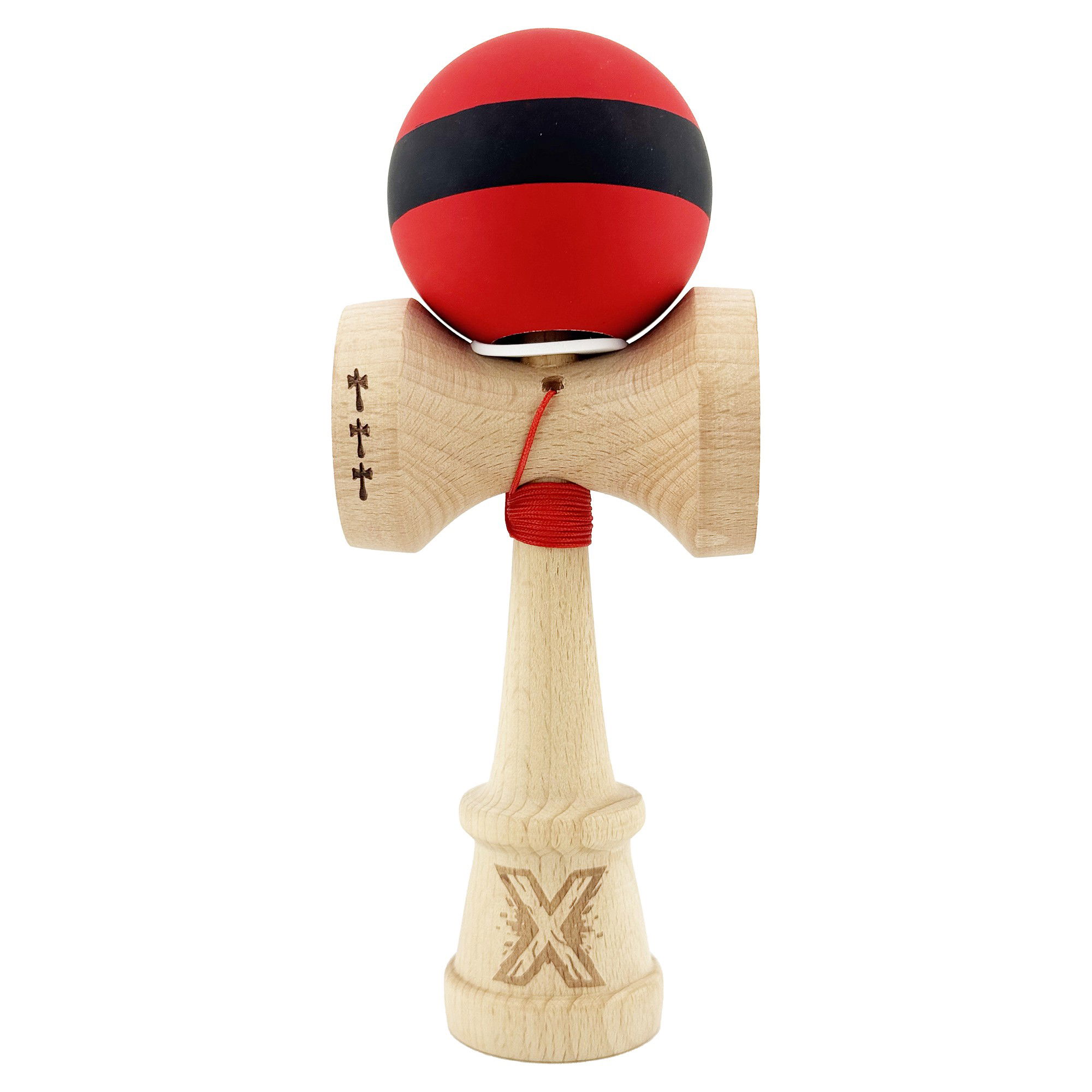 Kendama Rubber Grip V3 Cupe Mari - Kendama X Originala, Profesionala, Flippy, Cupe Mari KING SIZE V3, Rubber Grip, Gaura in Baza, Rulment Metalic, din lemn 18 cm, Ata 62/65 cm, M Bicolor Rosu Dublu/Negru