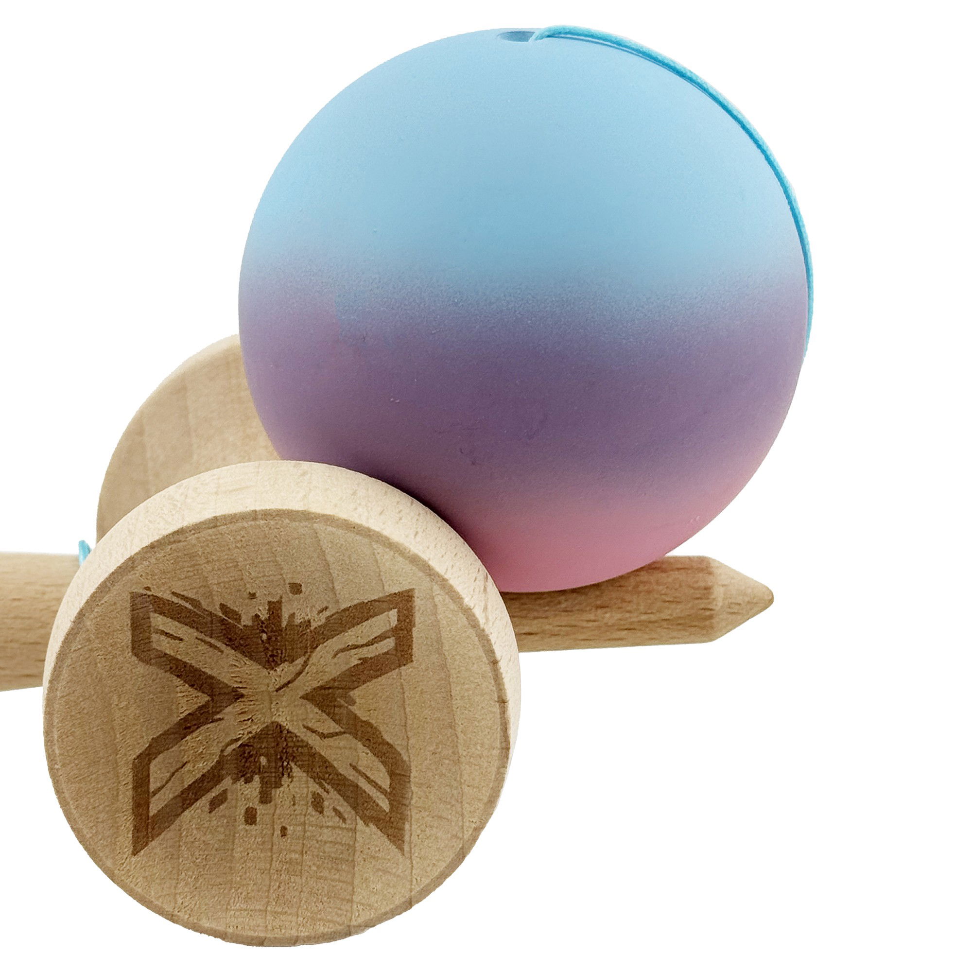 Kendama X Originala, Profesionala, Flippy, Cupe Mari KING SIZE V3, Rubber Grip, Gaura in Baza, Rulment Metalic, din lemn 18 cm, Ata 62/65 cm, Gradient Albastru deschis/Mov/Roz [8]