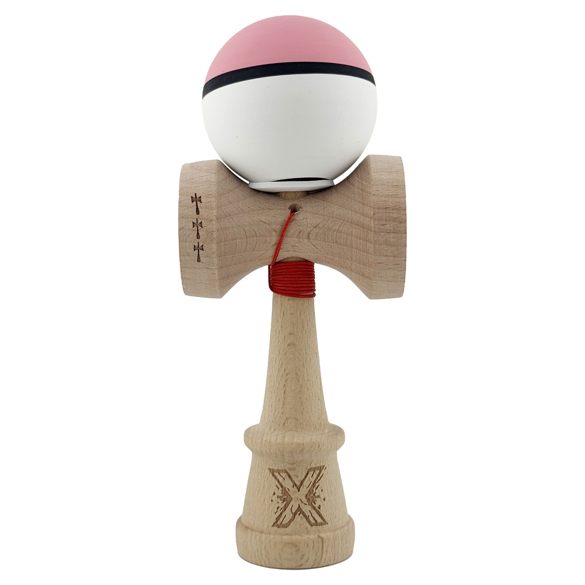 Kendama Rubber Grip V3 Cupe Mari - Kendama X Originala, Profesionala, Flippy, Cupe Mari KING SIZE V3, Rubber Grip, Gaura in Baza, Rulment Metalic, din lemn 18 cm, Ata 62/65 cm, S Bicolor Roz/Alb