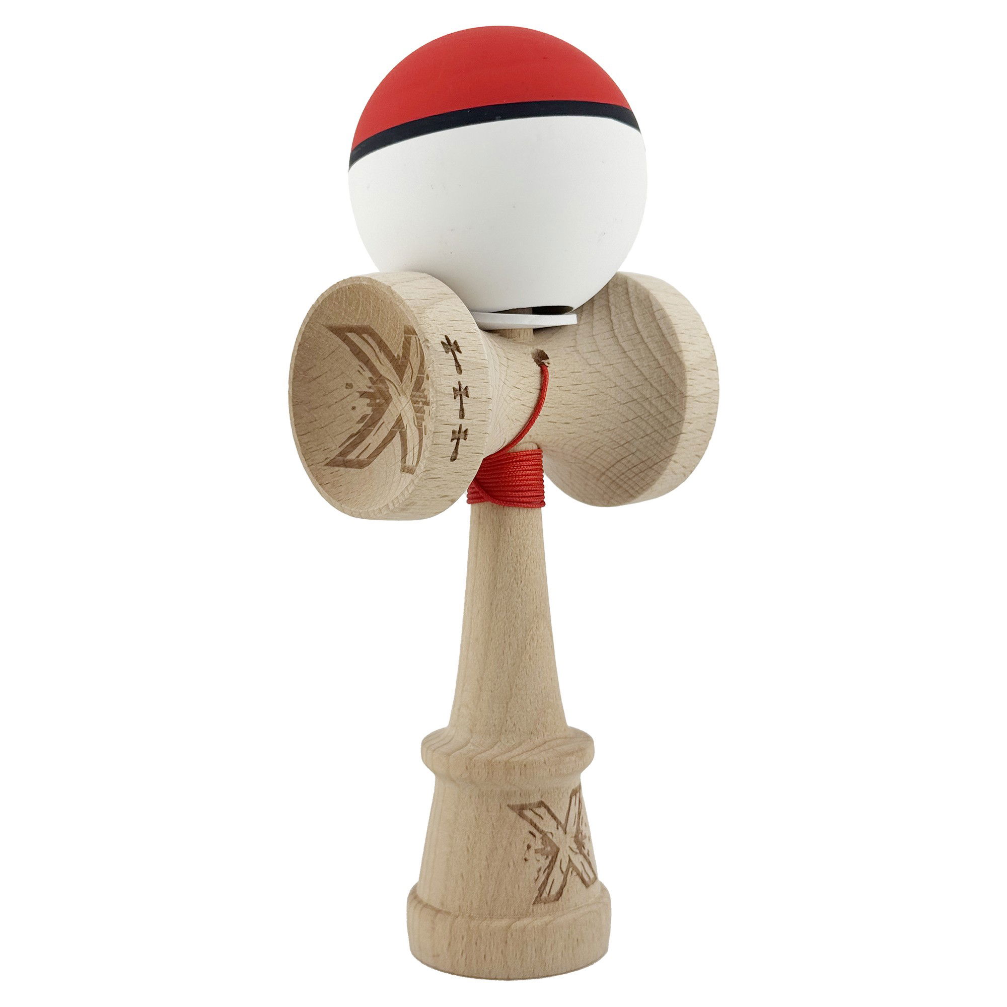 Kendama Rubber Grip V3 Cupe Mari - Kendama X Originala, Profesionala, Flippy, Cupe Mari KING SIZE V3, Rubber Grip, Gaura in Baza, Rulment Metalic, din lemn 18 cm, Ata 62/65 cm, S Bicolor Rosu/Alb