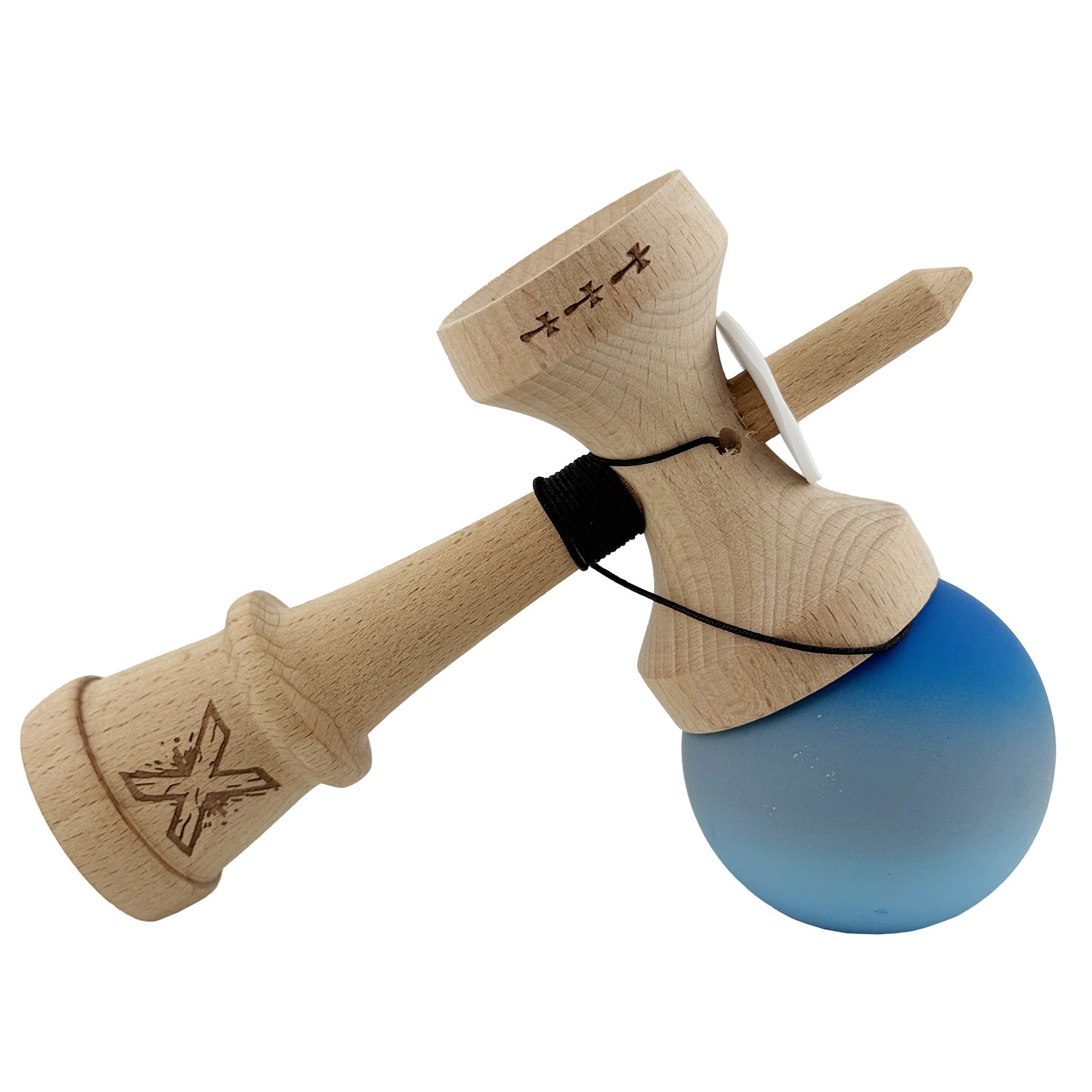 Kendama X Originala, Profesionala, Flippy, Cupe Mari KING SIZE V3, Rubber Grip, Gaura in Baza, Rulment Metalic, din lemn 18 cm, Ata 62/65 cm, Gradient Albastru/Gri/Albastru deschis [5]