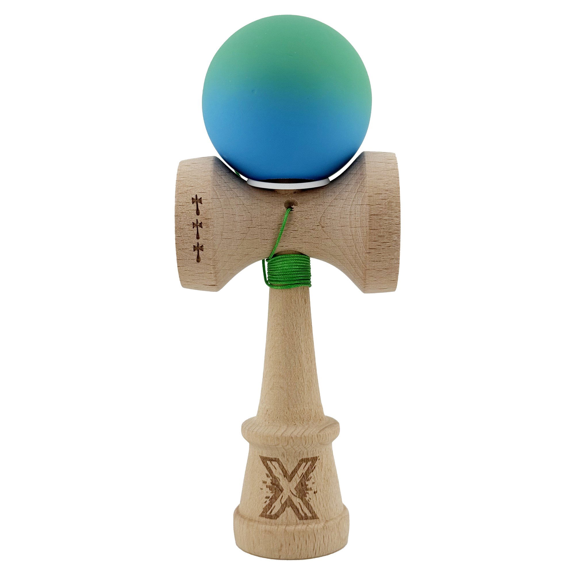 Kendama Rubber Grip V3 Cupe Mari - Kendama X Originala, Profesionala, Flippy, Cupe Mari KING SIZE V3, Rubber Grip, Gaura in Baza, Rulment Metalic, din lemn 18 cm, Ata 62/65 cm, Gradient Verde/Albastru