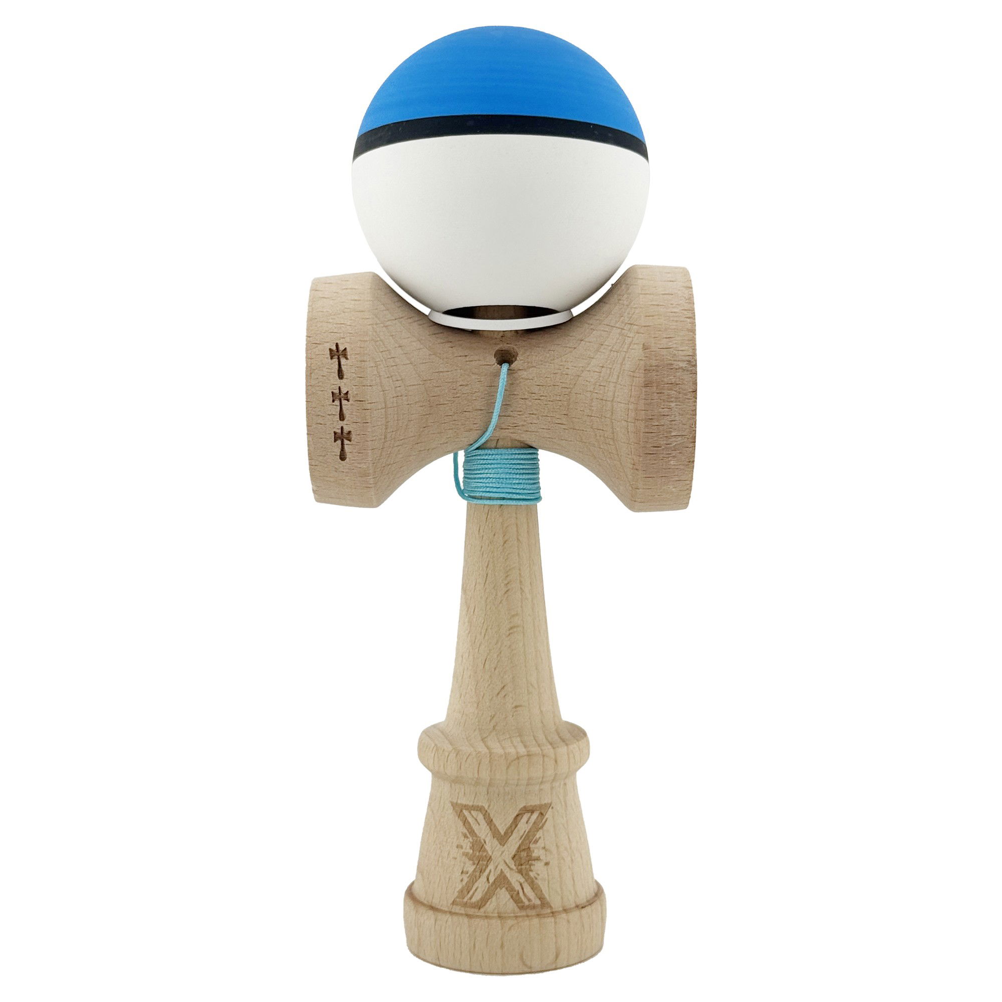 Kendama Rubber Grip V3 Cupe Mari - Kendama X Originala, Profesionala, Flippy, Cupe Mari KING SIZE V3, Rubber Grip, Gaura in Baza, Rulment Metalic, din lemn 18 cm, Ata 62/65 cm, S Bicolor Albastru/Alb