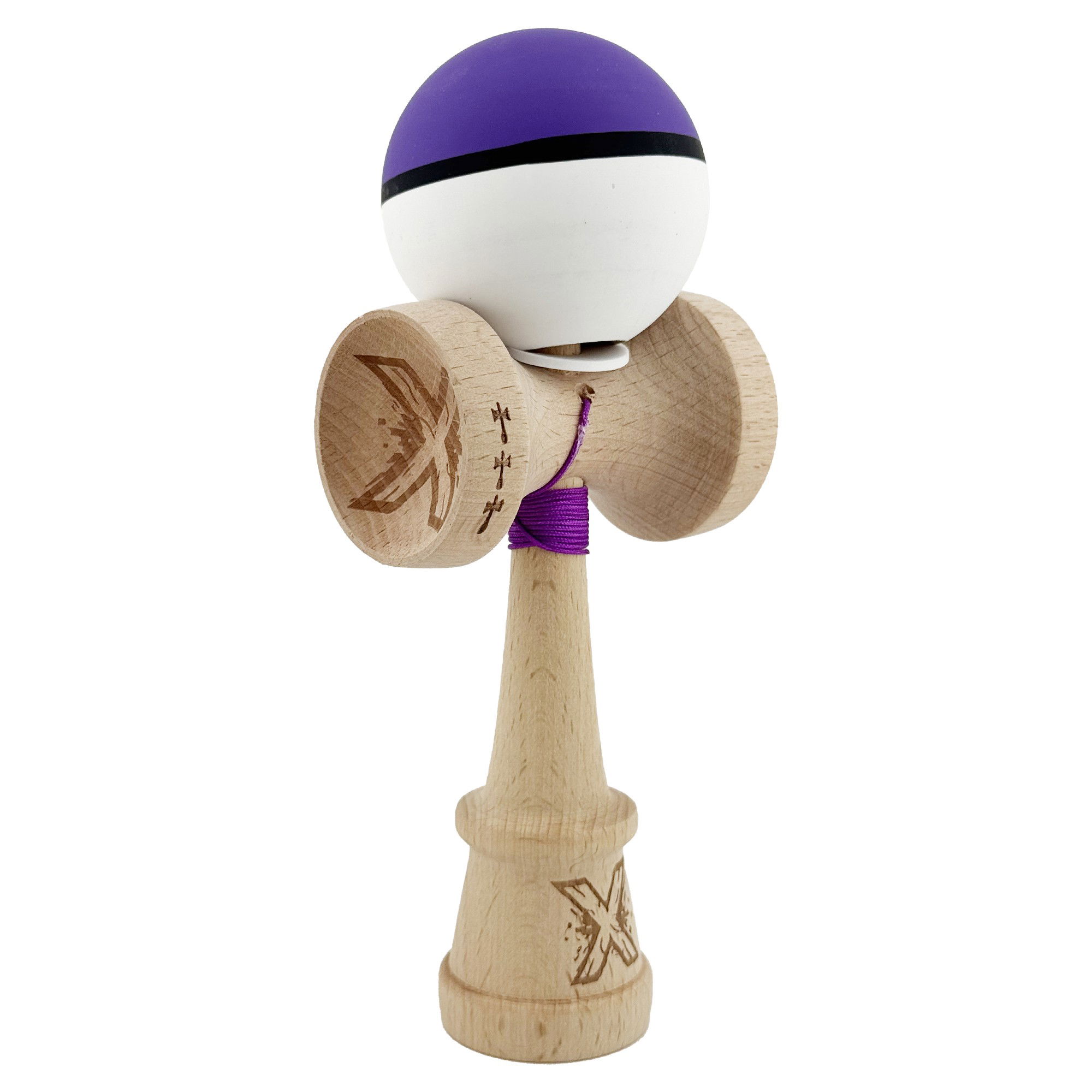 Kendama Rubber Grip V3 Cupe Mari - Kendama X Originala, Profesionala, Flippy, Cupe Mari KING SIZE V3, Rubber Grip, Gaura in Baza, Rulment Metalic, din lemn 18 cm, Ata 62/65 cm, S Bicolor Violet/Alb