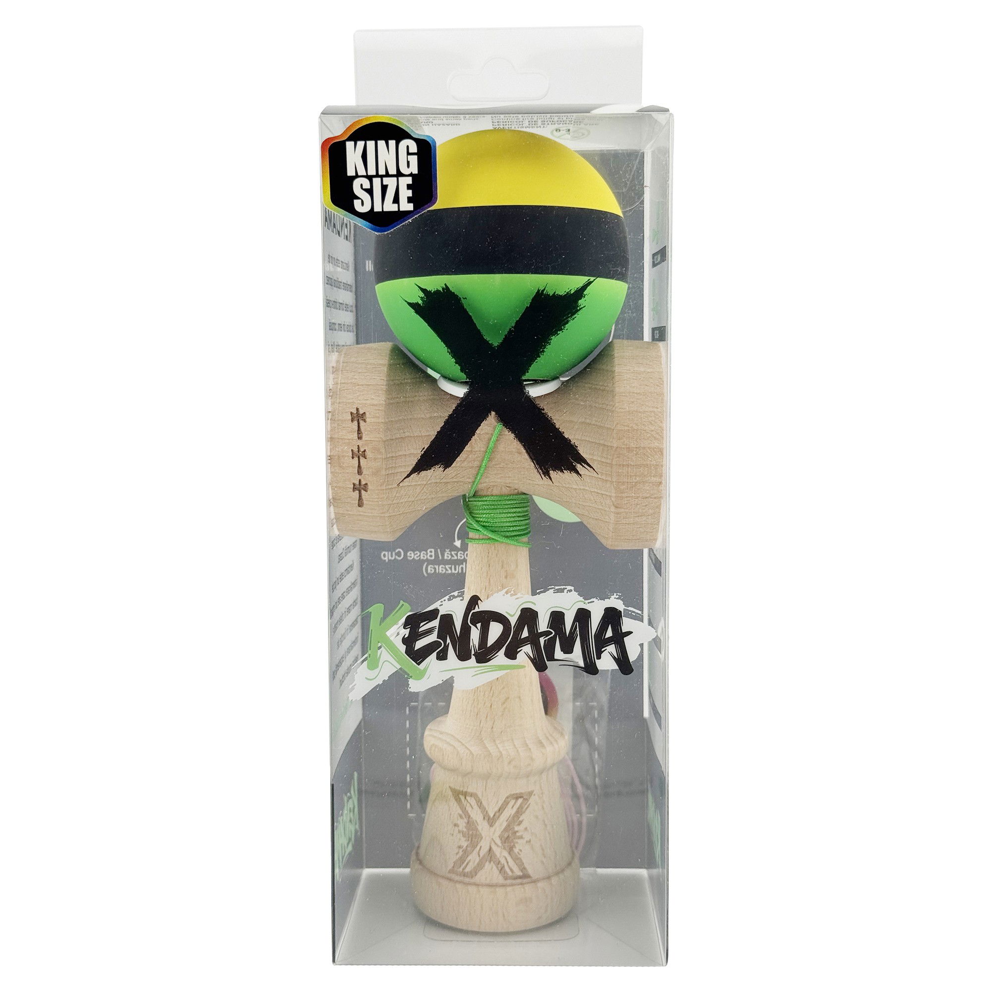 Kendama X Originala, Profesionala, Flippy, Cupe Mari KING SIZE V3, Rubber Grip, Gaura in Baza, Rulment Metalic, din lemn 18 cm, Ata 62/65 cm, M Galben/Negru/Verde [6]