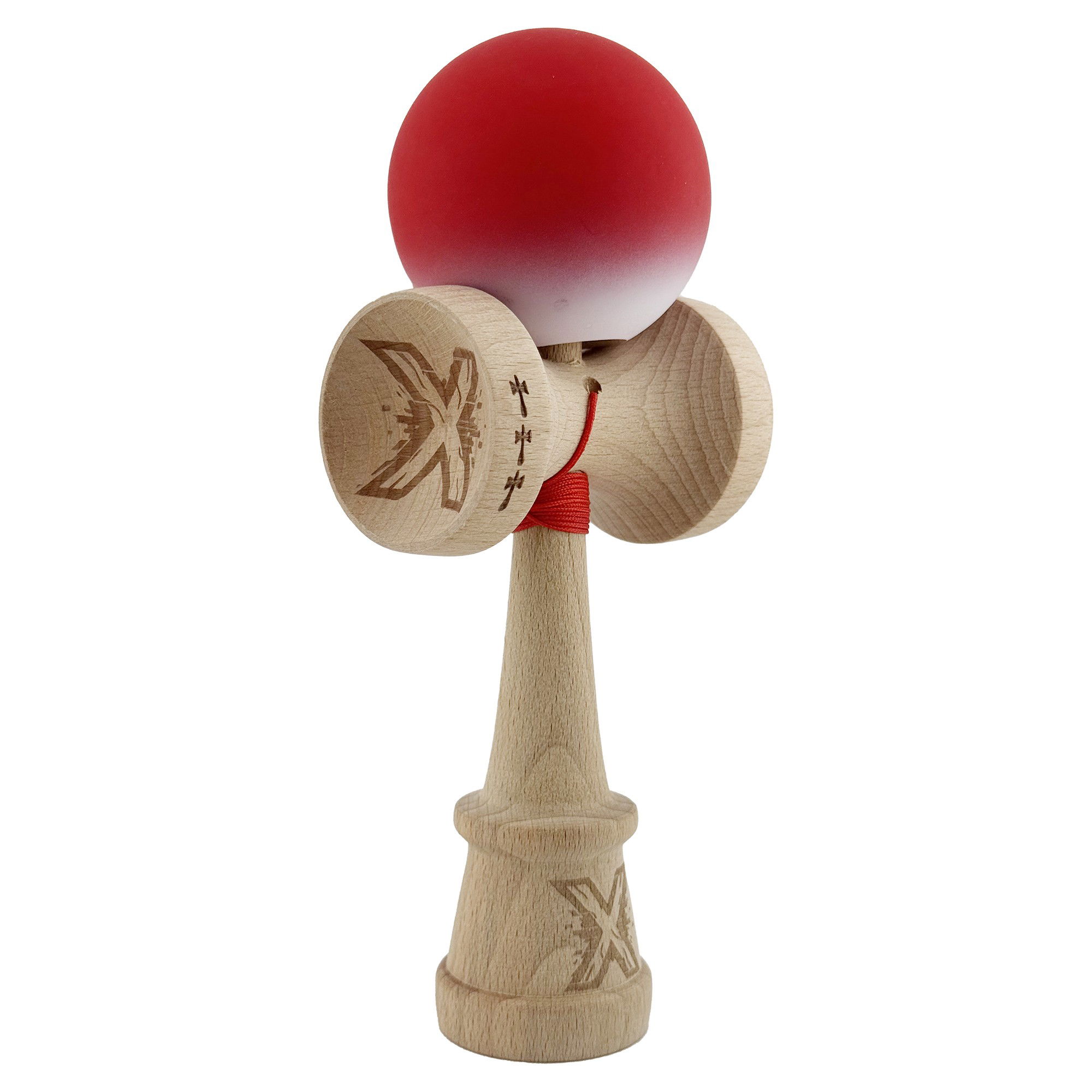 Kendama Rubber Grip V3 Cupe Mari - Kendama X Originala, Profesionala, Flippy, Cupe Mari KING SIZE V3, Rubber Grip, Gaura in Baza, Rulment Metalic, din lemn 18 cm, Ata 62/65 cm, Gradient Rosu/Alb