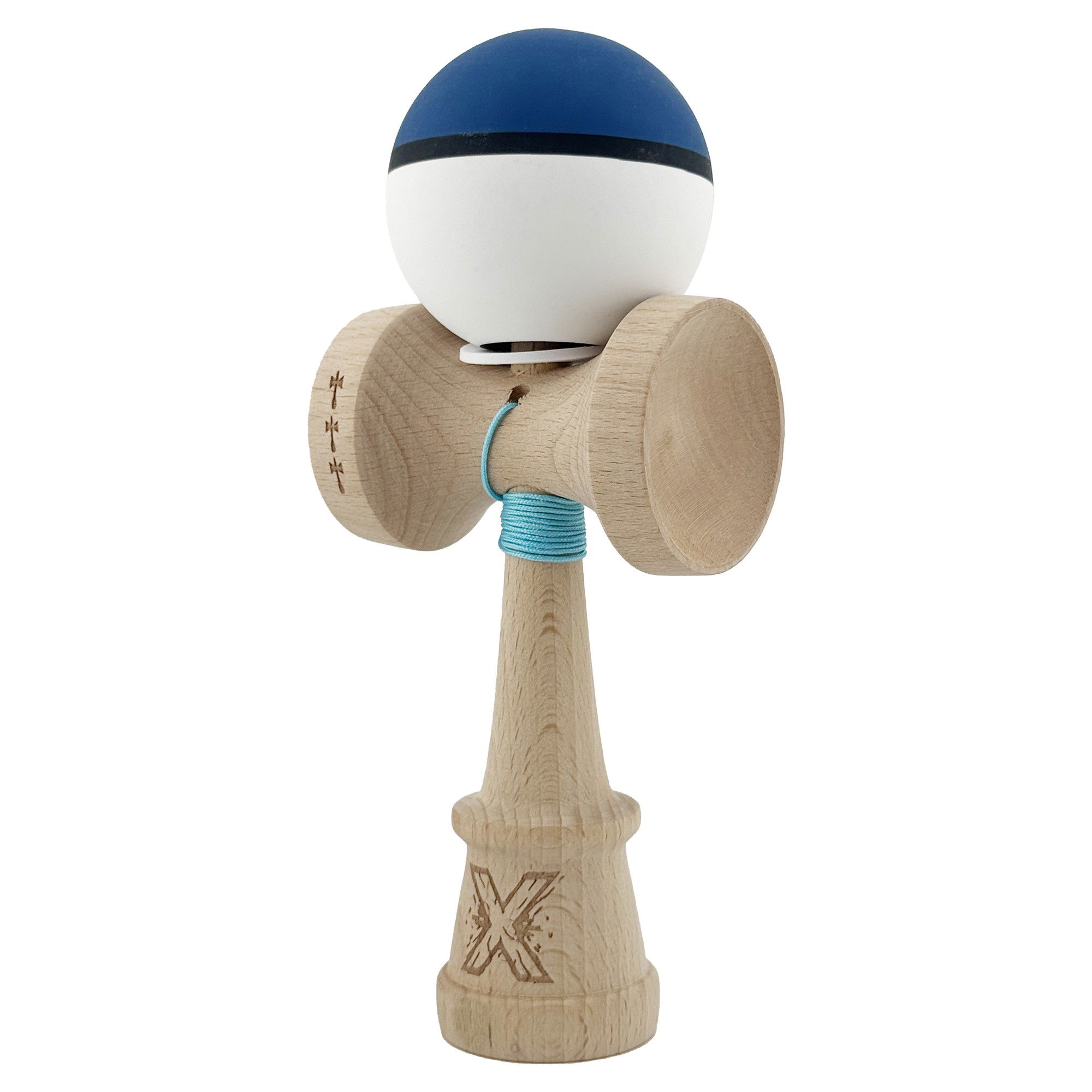 Kendama X Originala, Profesionala, Flippy, Cupe Mari KING SIZE V3, Rubber Grip, Gaura in Baza, Rulment Metalic, din lemn 18 cm, Ata 62/65 cm, S Bicolor Albastru inchis/Alb [3]